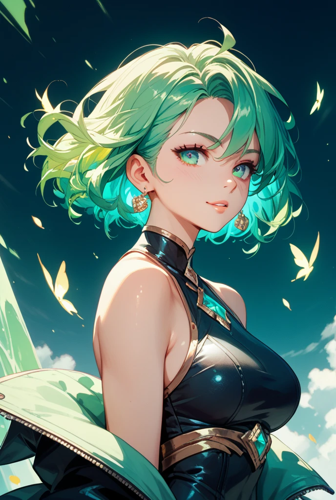 highest quality, Great quality, 16k, Unbelievably absurd, Very detailed, delicate and dynamic,Neon color, Cool, Beautiful and cute woman,short hair, Green messy hair, Crystal clear blue eyes, Vibrant tattoo on neck, necklace, Large earrings, Glossy Red Lips, Portraiture, Background pastel colors, attractive,Sidelong glance,Big eyes