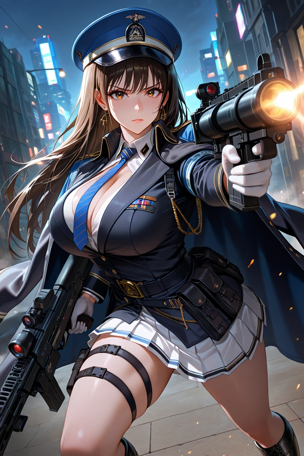 masterpiece、highest quality、Ultra-high resolution、Maximum resolution、Very detailed、Professional Lighting、anime、woman、thin、so beautiful、Sexy Suit、mini pencil skirt、Garter Stockings、High heels，Has an assault rifle、Grey Eyes、Brown Hair、long hair、Fingerless Gloves、Beautiful eyes、Pink Lips、Gloss Lip、battlefield、A spectacular attack、