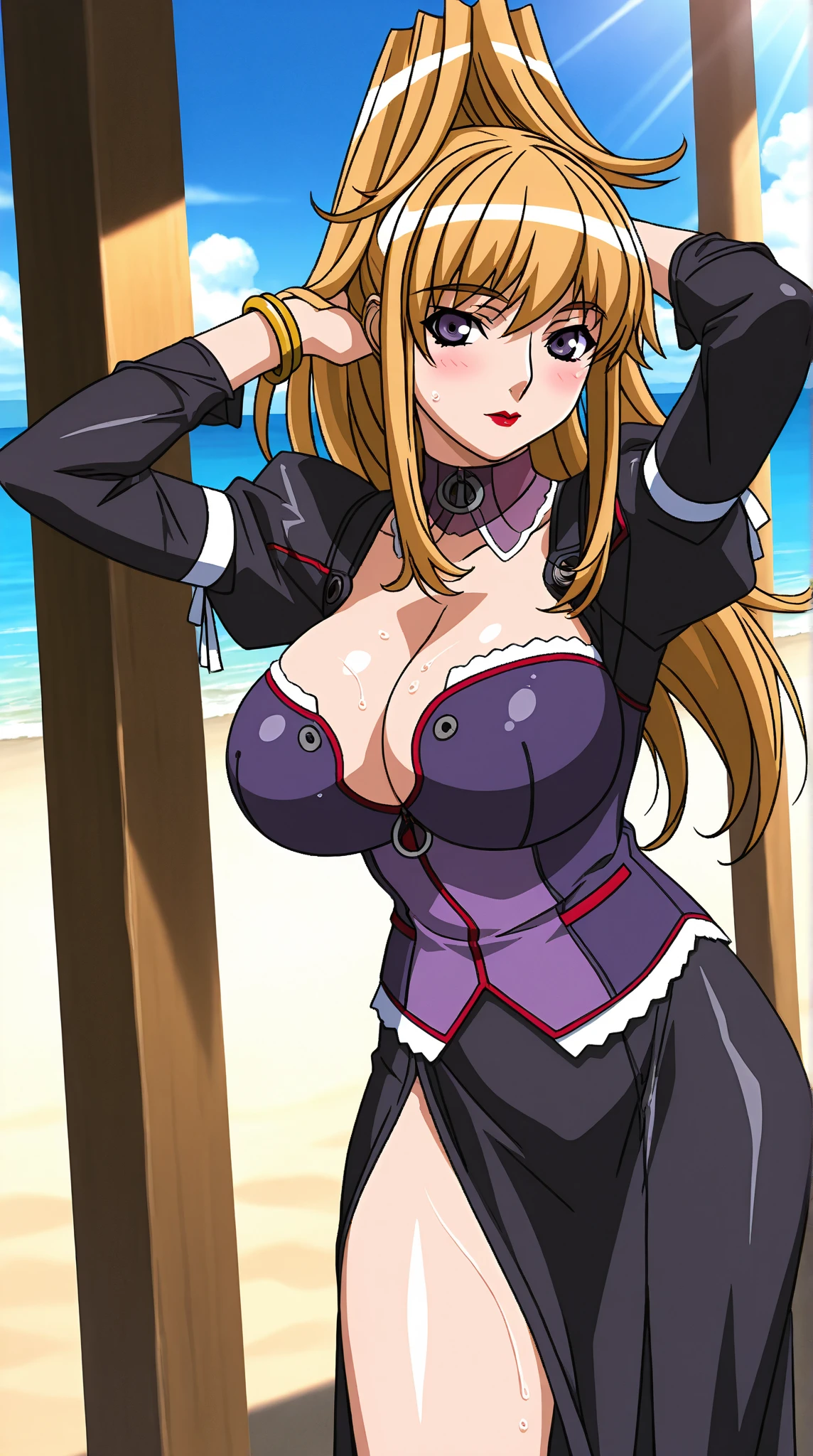 FABIPRIESTESS, VEIL, SLINGSHOT SWIMSUIT, CRISS-CROSS HALTER, LARGE BREASTS, 1girl, solo, upper body, facing viewer, looking at viewer, smile.