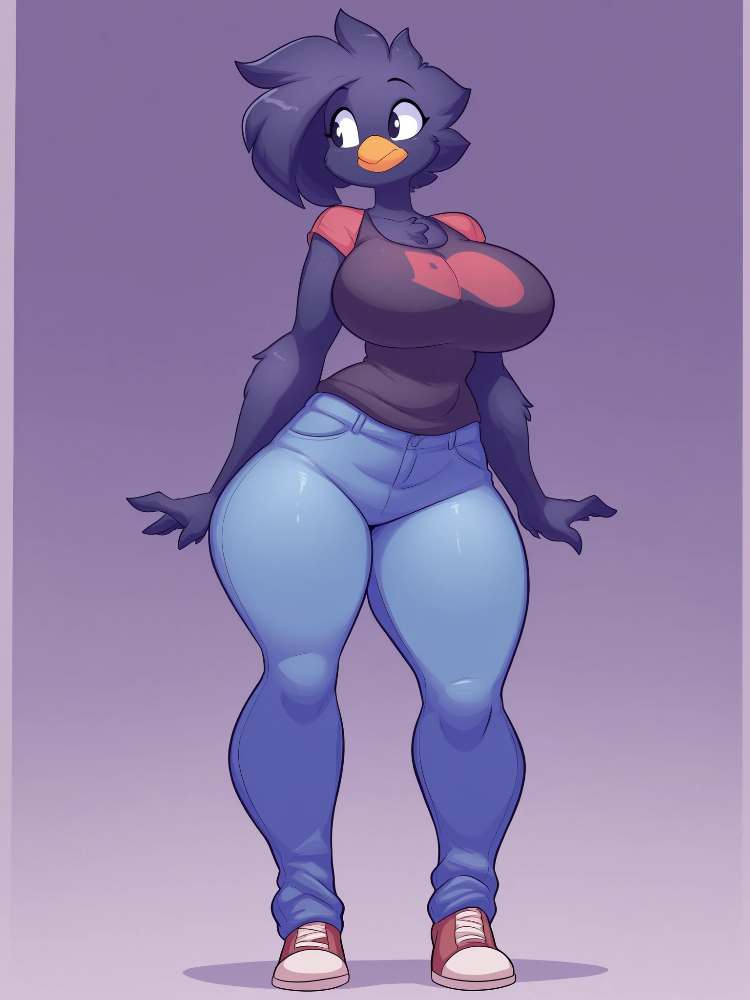 Solo, Furry, Anthro, Crow, Female, E621, Naked, Standing, Big Curves, Front View, Hands Behind Back, Huge Ass, Huge Breasts, Plain Background, By chelodoy
