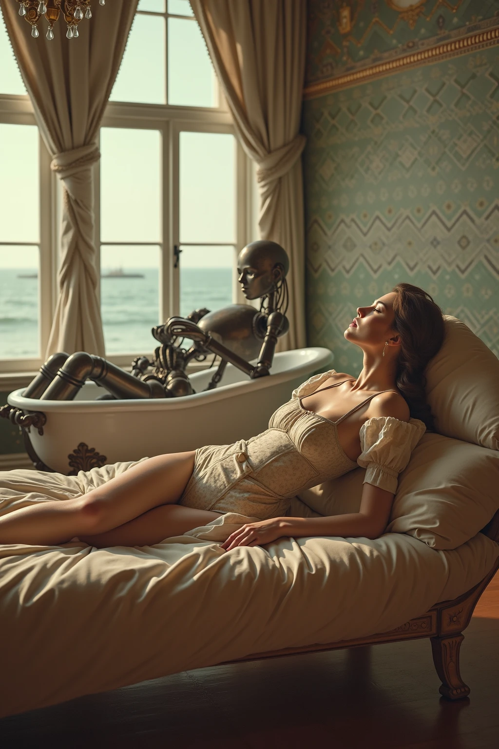 Beautiful woman lying on her back in a huge alloy case. Padded to fit her body perfectly, she is wearing lingerie, she is a sex android, eyes closed, huge alloy case lying on its side on a marble floor, hyper realistic, cinematic lighting, moody atmosphere, dramatic shadows, intricate details, high quality, photorealistic, 8k, award winning, masterpiece