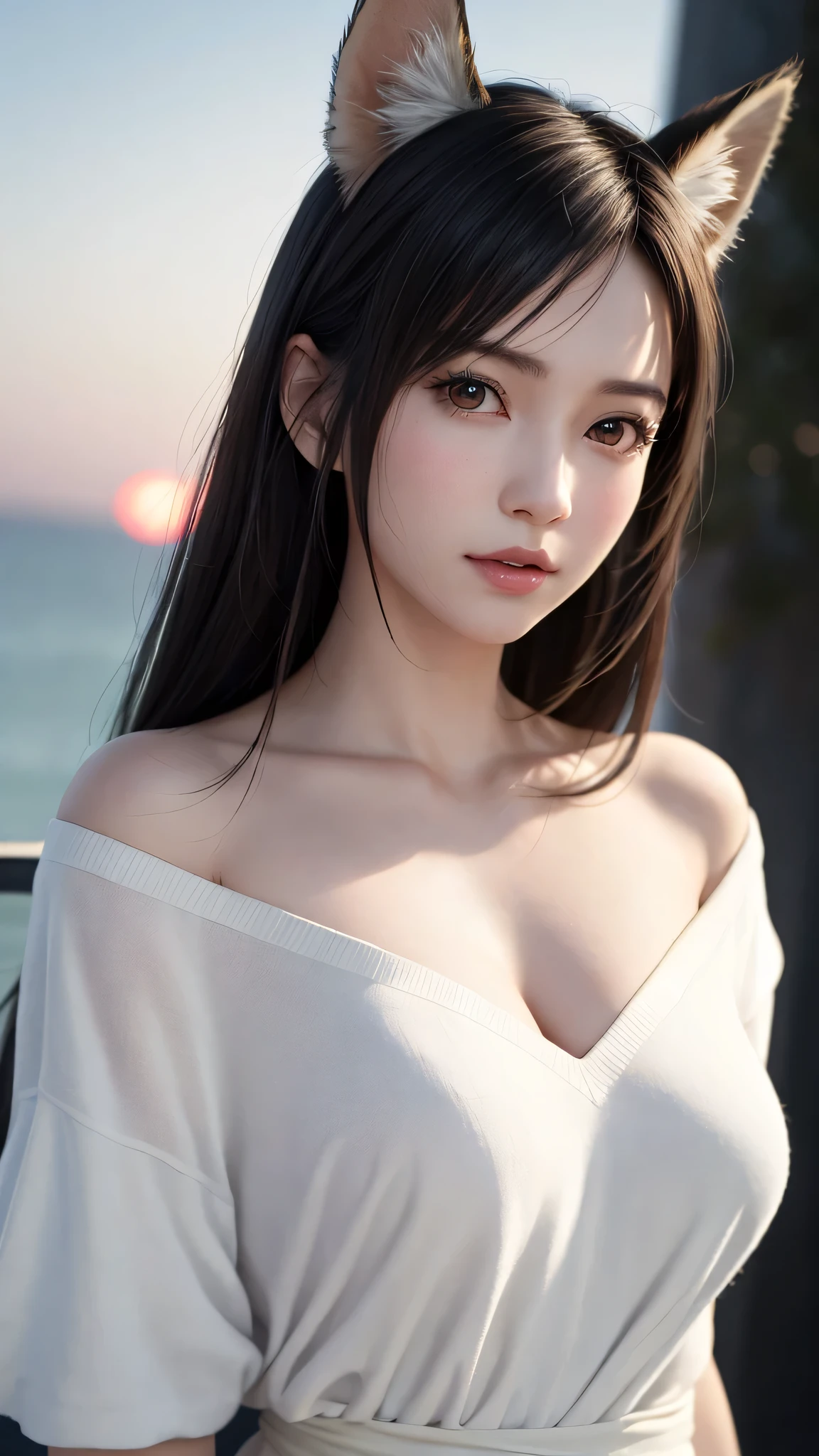 {Top Quality, Masterpiece}, (Realistic: 1.3), Wallpapers, ultra high res, ultra high quality,  BREAK {{{FF7,Tifa_lockhart, solo}}},{Ultra-detailed face, Detailed Red eyes},(black Brown Hair, Large breasts: 1.0),(Imaginative Macanese Female Page, background is Unique seaside, at Sunrise),  BREAK {wearing oversized loose sweater, off shoulder, Exquisite cloth, white Clothes}, clothed, (No Bra) ,(shiny oiled skin: 1.1), about 1, BREAK  {cute, kawaii},{{gravure pose}}, {{erotic eyes, erotic mouth, erotic face}}