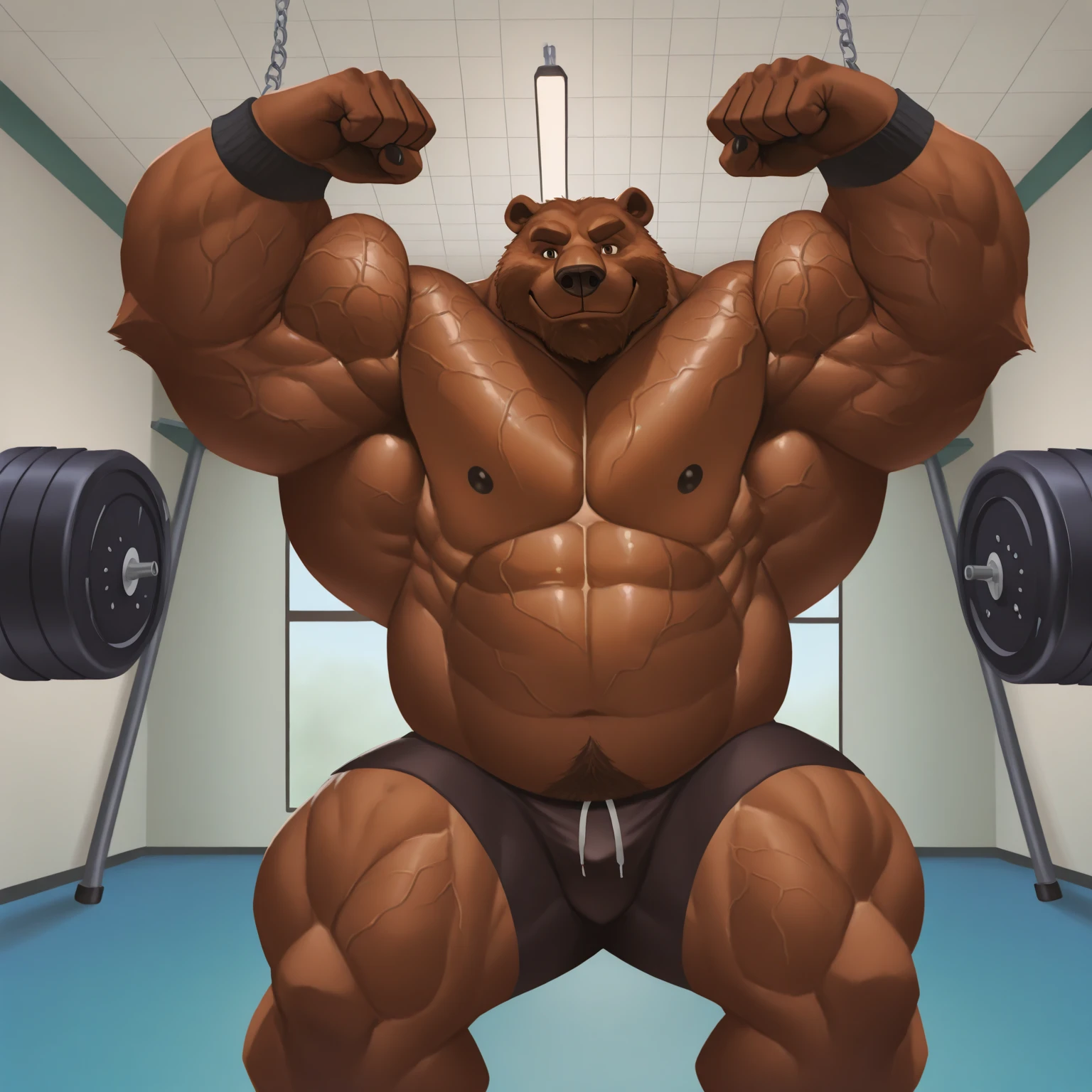 Anthro bear, very chubby muscular sixpack, humanoid shaped belly fat, in a locker room, wearing tight boxers, blushing, very muscular arms and legs, embarrassed look on his face, sweat soaked fur, sweat dripping on the floor