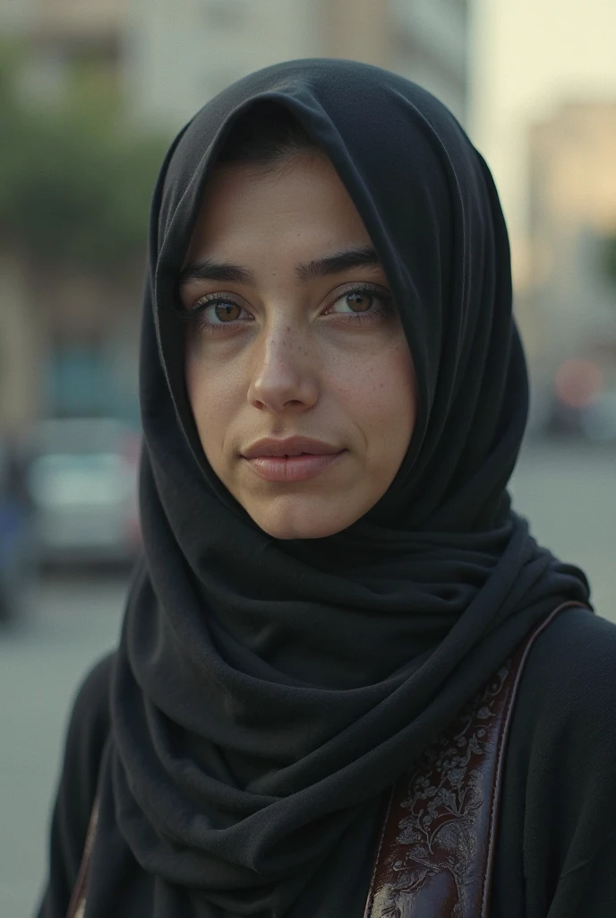 image of a woman wearing a hijab crying sadly with thick lips with a Mecca background