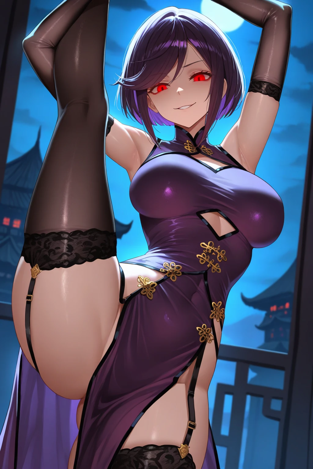 (work of art:1.2, best qualityer), (lindos Eyes red brilhando finamente detalhados: 1.2), , work of art, best qualityer, ultra detali), (work of art, best qualityer:1.2), 1 girl, female solo, Breasts huge, rounded breasts, perky breasts,, shiny breasts, perfects eyes, face perfect, perfectbody, seducer, evil smile, looking ahead at viewer, neckleace, black hair with purple details, Eyes red,horn hair, whole body, thick body, Great body, sitting down, legs spread open, opening the legs, hall, normal hall