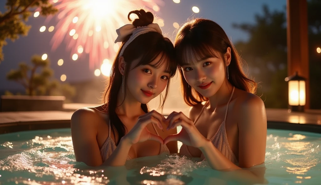 (top-quality、8K、32K、masterpiece、nffsw、Photorealsitic:1.4)、(细致背景)、Photos of cute women in Japan、Teen、((3 women))、((Tons of fireworks:1.3))、(On the roof of a high-rise building)、(Rooftop Night Pool)、(Pool Party)、 ((Dubai、Skyscraper、Night view of Building Street))、perspiring、wetted skin、Large pool、A smile、cheer、nigh sky、(milkyway)、(shooting stars)、Novel swimwear、Retro swimsuit、A sexy、erotick、Making noise while watching the night sky