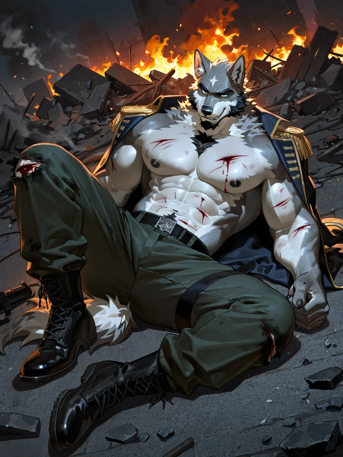Solo young anthro scalie dragon male mercenary medieval solider, slim endomorph muscular, anthro handsome gay shorter muzzle, handsome gay model male apperance, sword scars, worn out leather skimpy armament, low on hips heavy leather belt, old very worn out skimpy dirty linen material jockstrap, old yellow dirty worn out stains on white sawn jockstrap, very visible "x" brown seam pattern on the jockstrap, studded skimpy armlets breastplate armor, skimpy breastplate, leather bondages, fingerless leather gloves, smelly unwashed husk, dirty body look, desert bloody battlefield, birds eye view, he lies wounded, he has two arrows in chest, there is a blood from wound in his chest, he lies in his blood pond, he is dead, close view of full character