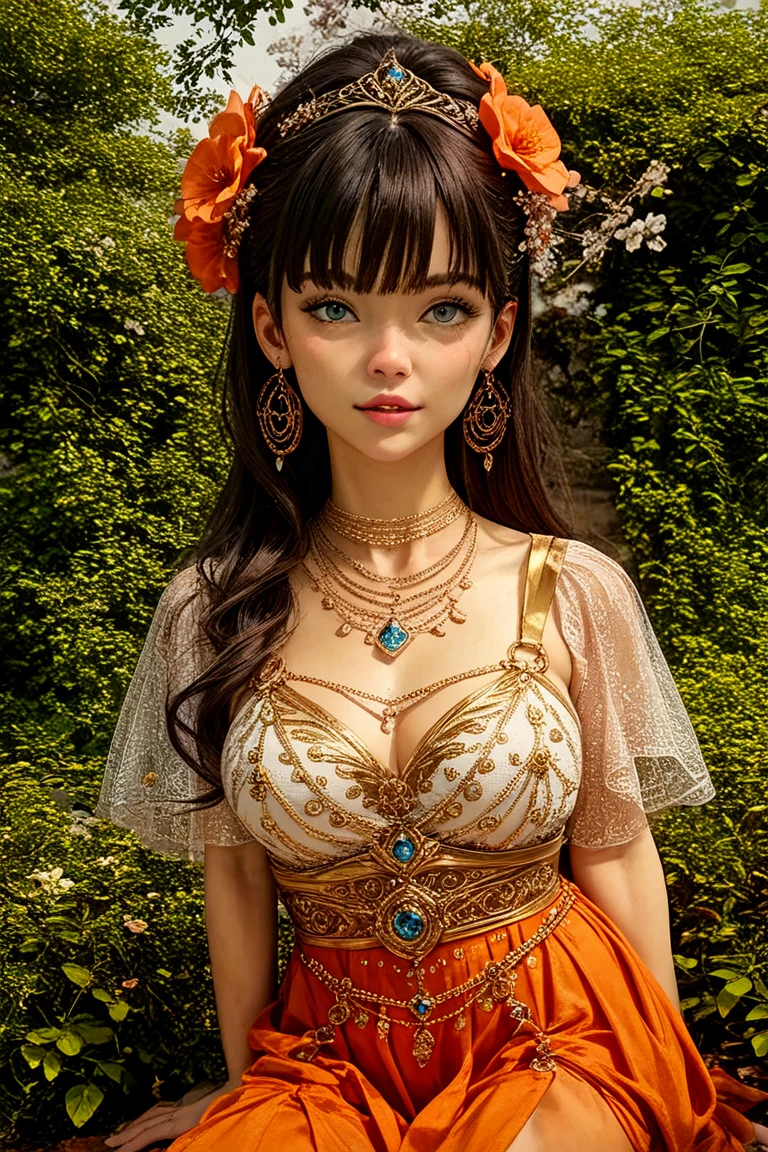 Create a detailed image of a stunning scenery, where a girl is dancing in the background. The scenery is a lush garden, filled with colorful flowers, lush trees, and blooming bushes. The sun gently shines in the blue sky, casting a golden light over the landscape, creating an atmosphere of serenity and beauty. The girl, dressed in a light and flowing outfit, dances gracefully among the flowers, her movements flowing in harmony with the gentle breeze. Her hair floats in the wind as she expresses joy and freedom in her dance. In the distance, majestic mountains rise against the horizon, adding a touch of grandeur to the scene. This is an image of serenity and charm, where nature and dance merge in perfect harmony. What is the story behind this dancer in the dream garden? What emotions and feelings does she evoke in this idyllic setting