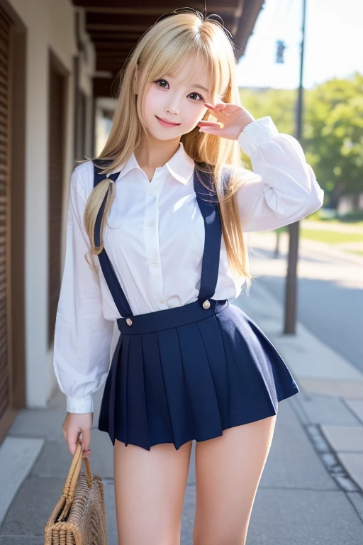 best quality, full body portrait, delicate face,very cute and pretty face, 22 years old woman, slim body, , cheerleader uniform, office uniform, black stockings, outdoor scene, Sitting position, spread legs, blonde hair, happy smile, dance
