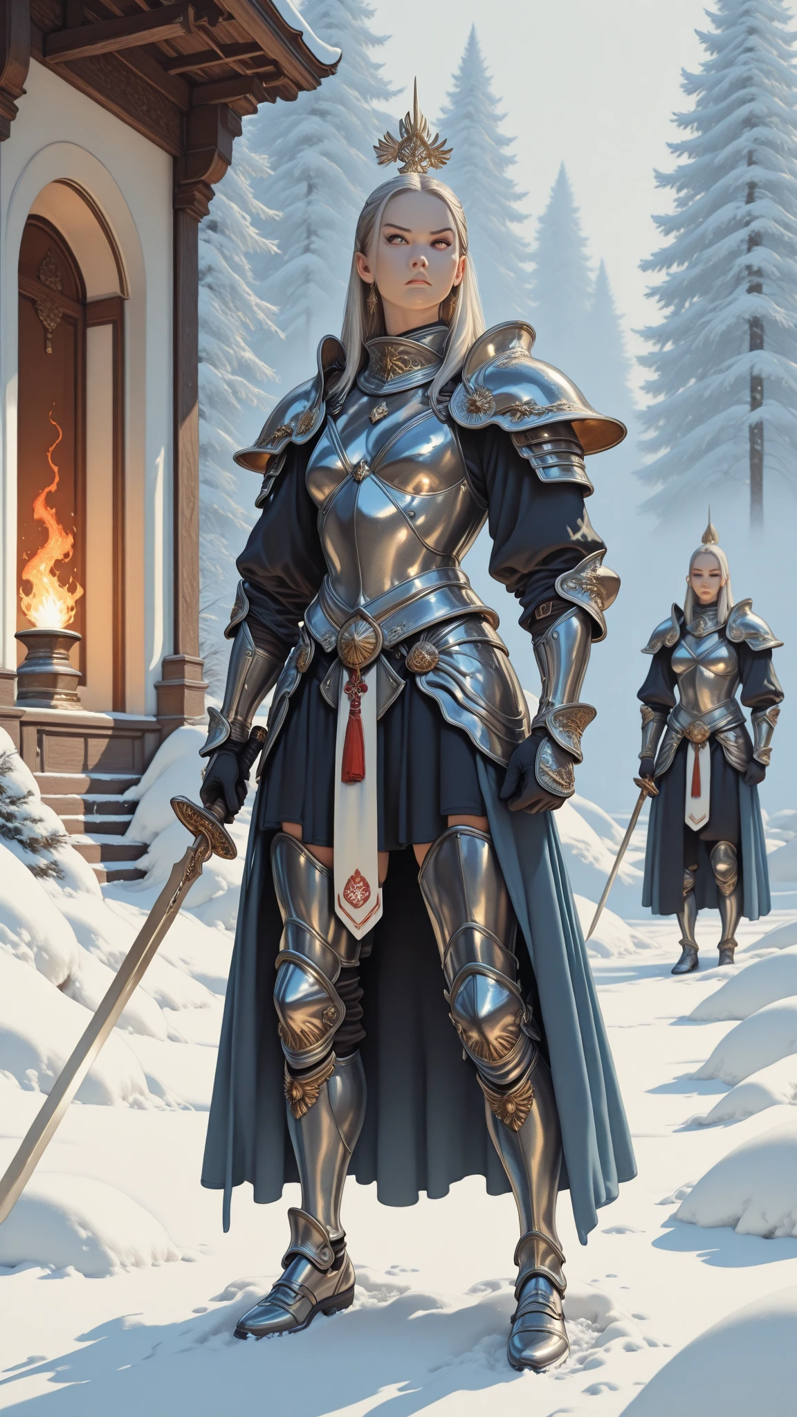 (masterpiece, top quality, best quality, official art, beautiful and aesthetic:1.2), (1girl:1.3), ((Sharp facial features, sharp features, hawkish features)), ((grey eyes)), busty paladin knight girl, extremely detailed, portrait, looking at viewer, solo, (full body:0.6), detailed background, full-body shot, (cold mountain nighttime glacier theme:1.1), holy knight, (nun), charlatan, smirk, mysterious, swaying in mountains, armor, polished metal, gold trim, long boots, white fabric, pelvic curtain, robe, pale leather, ((((nun, crossbow, heavy armor, armored, long legs, robes, prayer scrolls, toned, muscular)))), slim waist, slim hips, long legs, medieval (mountain exterior:1.1) background, dark mysterious lighting, shadows, magical atmosphere, dutch angle