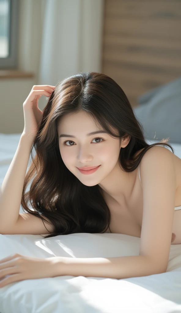 masterpiece, best quality, ultra-realistic, cute young woman, Korean idol, heart-shaped face, large almond eyes, silky black hair, small rosy lips, (laughing expression:1.2),(laughing), medium big breast, lying on the bed, pastel-colored outfit, light floral pattern blouse, soft ambient lighting, blurred background, detailed facial features, soft shadows, portrait photography