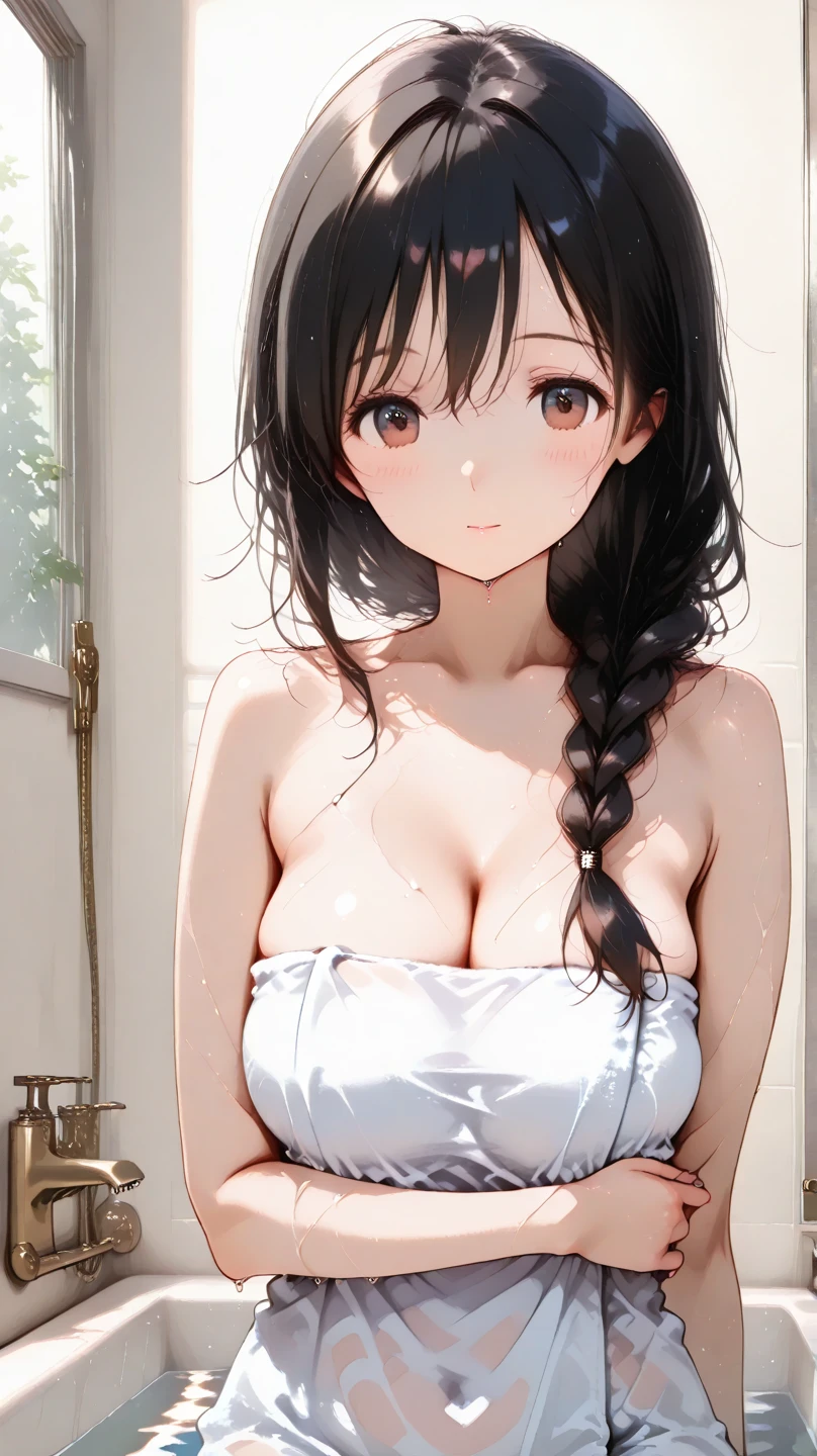 ((masterpiece,best quality anime,Highest quality:1.3)),realistic,cowboy shot,(25 year old beauty),Female Ninja,1woman,solo,((very small head:1.4)),((very long body:1.3)),black hair,bangs,straight long hair,gorgeous big eyes,black eyes,shy,((tan skin:1.4)),((slender body:1.3,skinny)),(Ninja costumes、Black kimono),No sleeve,Black mini skirt,medium breasts,sweat,gleaming skin,shiny skin,temple、Domestic、