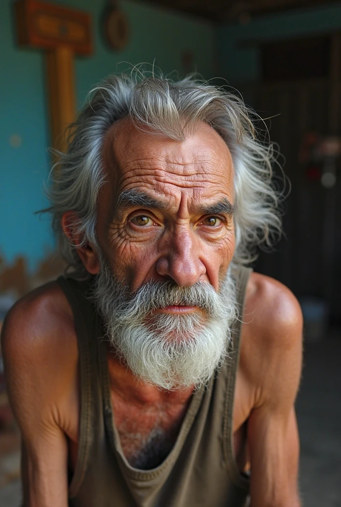 Very thin 50 year old man, scruffy with beard, and rag cap, sad, Brazilian breed, similar to don ramon and must have a depressing style. 


