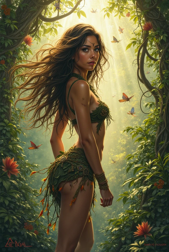 An illustrated movie poster, hand-drawn, full color, a teenage elven girl, wearing a lace bralette and bloomer shorts, toned, voluptuous hourglass figure, long pointy elf ears, amber eyes, dark hair, long messy waves, deep sun-tanned skintone, freckles, standing in a sunny olive grove, graphite shading, stencil marks, airbrushed acrylic paint, masterpiece, in the style of the Lord of the Rings