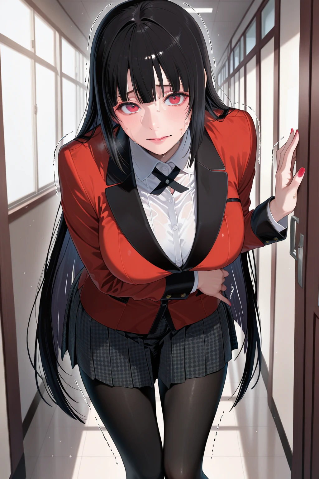 masterpiece, best quality, highres, hmjy1, long hair, blunt bangs, school uniform, red jacket, black pantyhose, white shirt, black ribbon, pleated skirt, long sleeves, <lora:jabami yumeko_v10:0.7>, name tag, outdoors, (skirt lift:1.3), panties under pantyhose, glowing eyes,