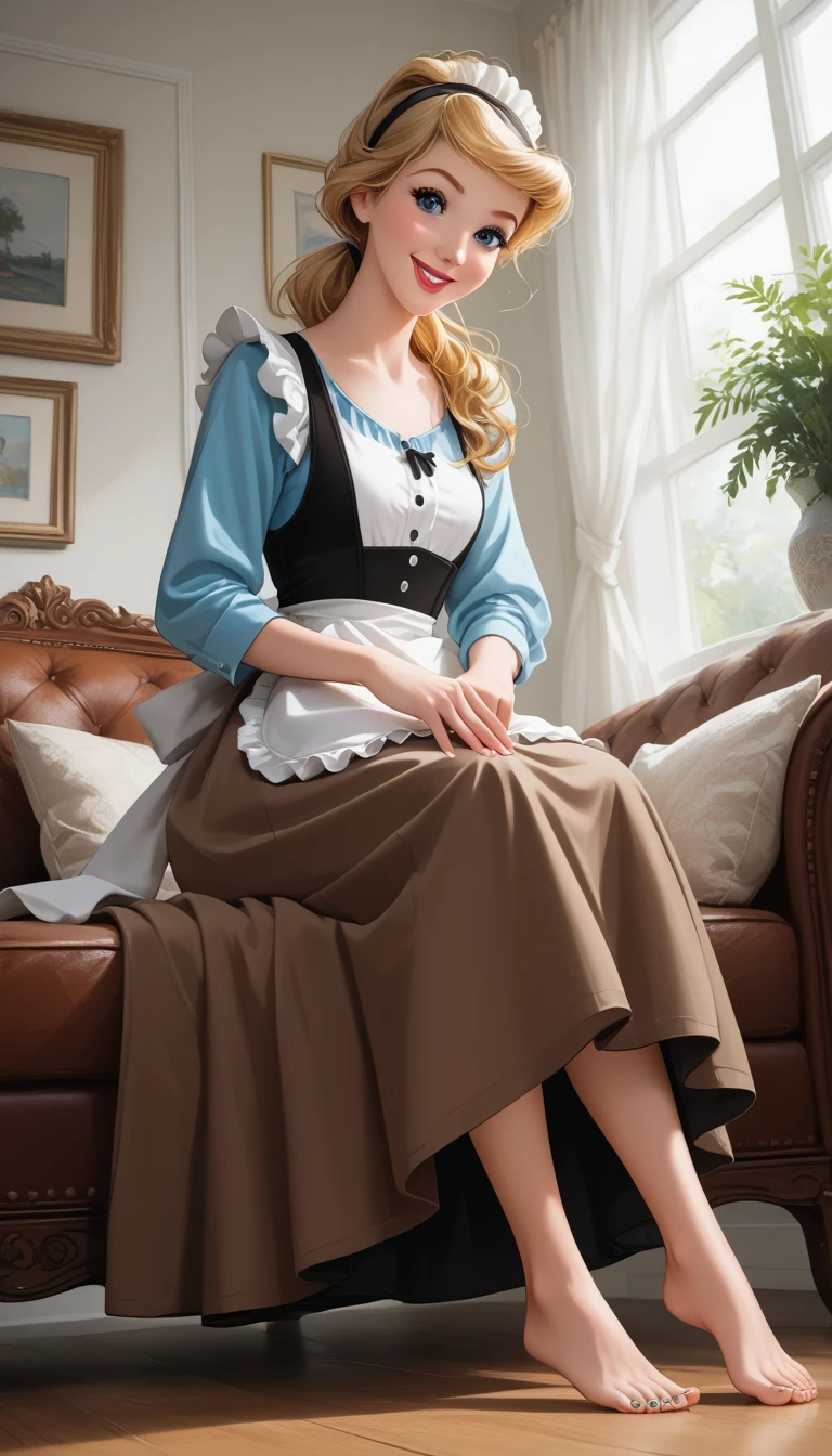 woman, ((Masterpiece, best quality)), full body view, bursting huge breasts, detailed skin, Anna from Frozen as a maid, maid clothes, clileaning the living room, highly detailed, cinematic lighting, ultra realistic, blush, looking at viewer, anna, anna from movie Frozen.