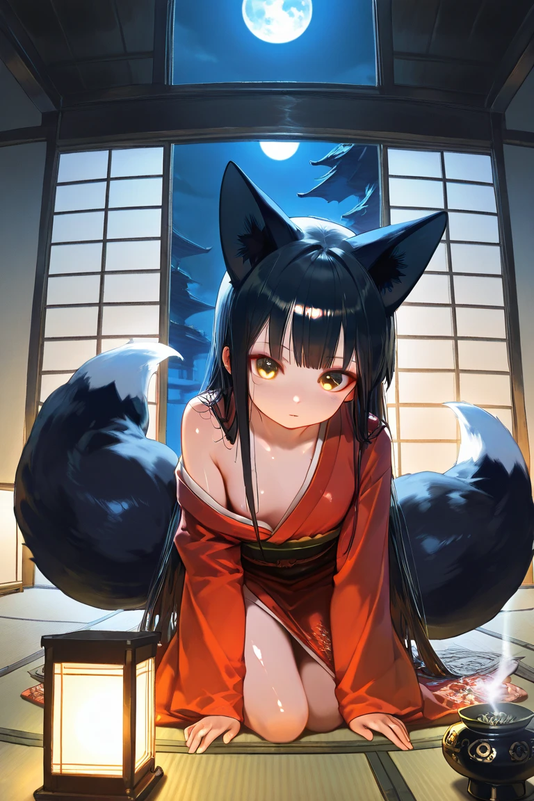 masterpiece, highest quality,kimono、short hair、Loose chest、Slender、good style、beautiful girl、slender、fox ears、demon fox、Mature、sexy、Bewitching