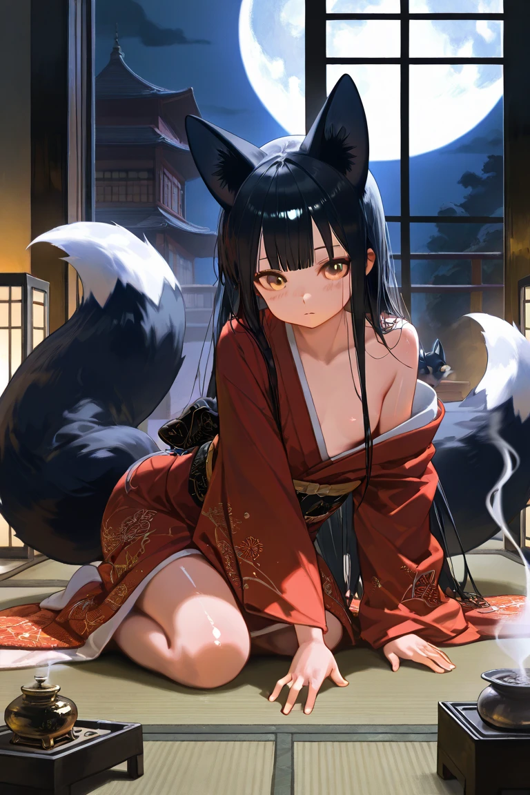 Masterpiece Best quality, the best definition to add aesthetic and lighting details, dark kitsune, Black girl jackal, teen girl, ,black body, japanese shrine landscape mt fujisan al fondo add_detail, golden tattoo body, sensual eyes, yellow pupil, glowing eyes, back pose, vista desde atras,tiene una cola peluda desde la base del coccis add_detail, mira sobre de su ombro, kimono outfit