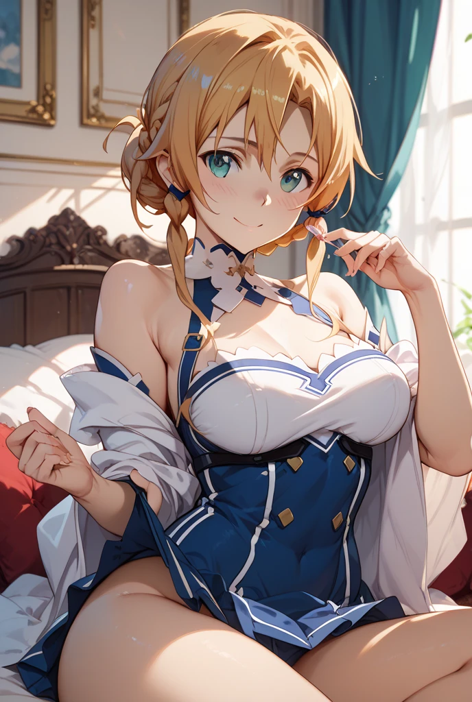 jeangunnhildr, jean, blonde hair, blue eyes, hair between eyes, medium hair, ponytail,
BREAK black gloves, blue capelet, capelet, cleavage, corset, detached sleeves, gloves, pants, strapless, white pants,
BREAK indoors, castle,
BREAK looking at viewer, upper body, full body,
BREAK (masterpiece:1.2), best quality, high resolution, unity 8k wallpaper, (illustration:0.8), (beautiful detailed eyes:1.6), extremely detailed face, perfect lighting, extremely detailed CG, (perfect hands, perfect anatomy),