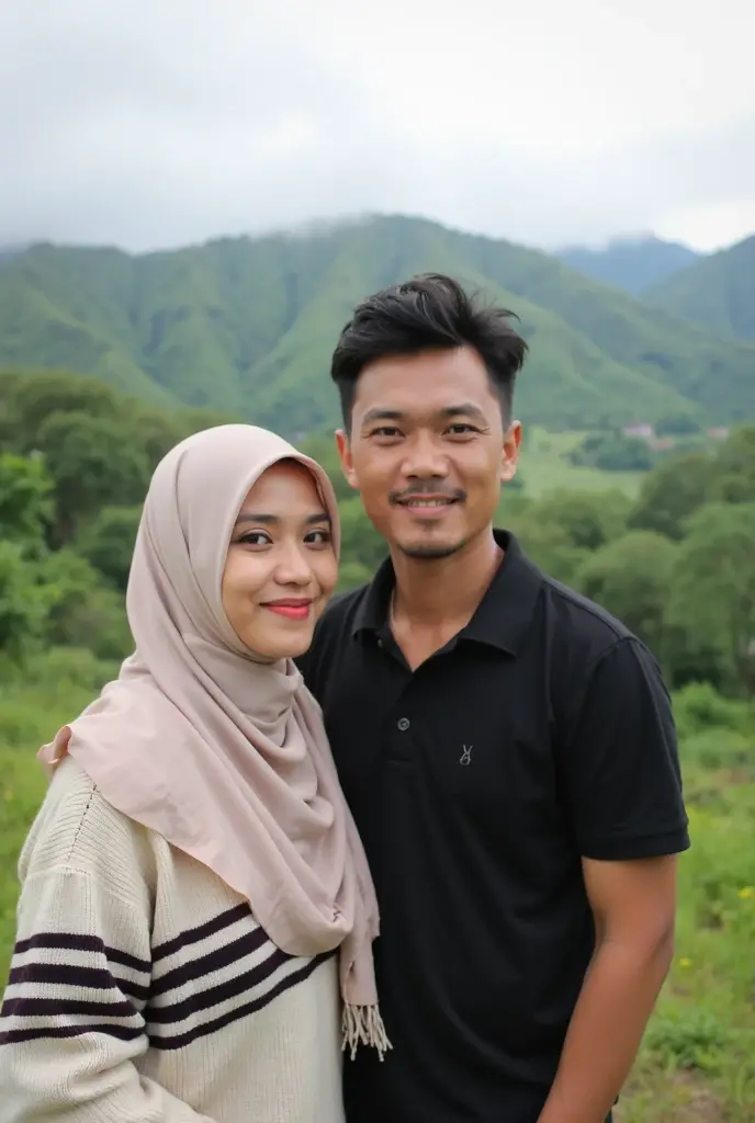 20 year old Indonesian youth with his girlfriend, both of them smiled , facing the camera, tobacco plantation background, a little further away there is a mountain, his lover wears a hijab, original