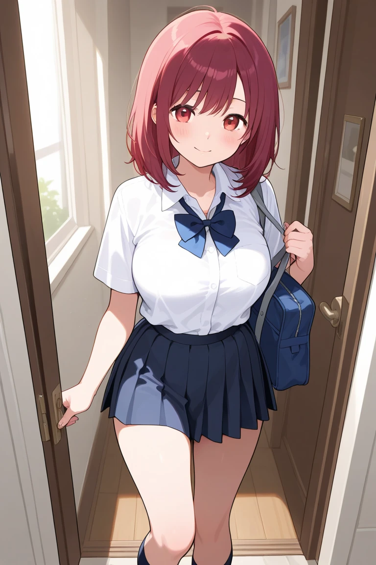 Big breasts, red hair, blue eyes, droopy eyes, red jacket, long sleeves, navy skirt, elementary school student, super big breasts, (medium hair: 1), baggy clothes, elementary school student, young face, short height, 10 years old, old, shy Agari, smiling a little, trying to unbutton his shirt in the classroom, white shirt, soft hair，her bra is visible, (a red bra:1.5)，(skirt lift :1.6)，panty shot，red panties
