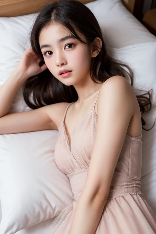 ((highest quality, masterpiece :1.3)), Photorealistic、Ultra-high resolution、Natural skin texture、Hyperrealism、Reflection from the waist up、Beautiful Japanese girl in her early teens、One girl、Nightgowns with transparent skin、Lying in bed、bondage with rope、Frightened expression、Tears flowing