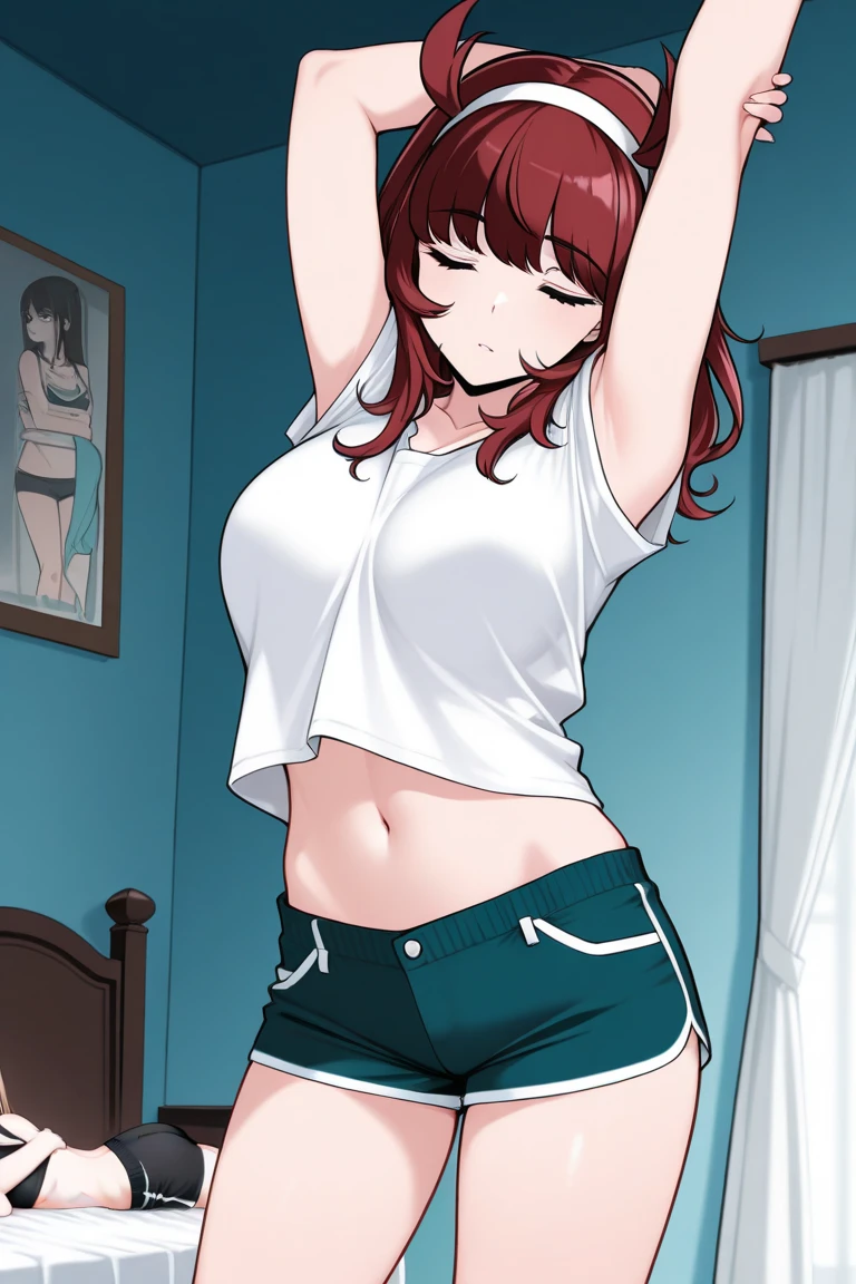Masterpiece, best quality,solo, nishikino maki,red hair ,purple eyes, cowboy shot , breasts, love live style, black tank top, skinny white pants, standing ,in streat, night, bored, embarrassed, looking away , naval ,pov, dynamic angle, blushing, navel, crotch 