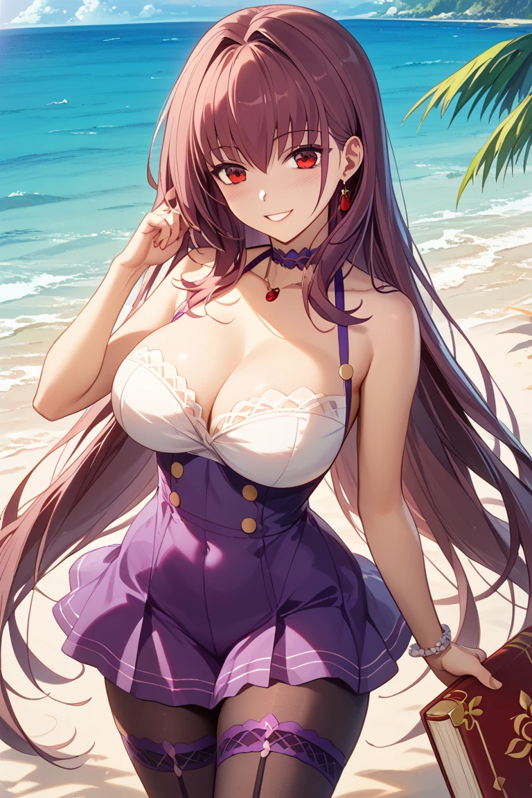 masterpiece, kafka hsr, 1girl, solo, long hair, breasts, looking at viewer, perfect smile, bangs, large breasts, wearing swimsuit, sexy body, purple eyes, ponytail, purple hair, parted lips, sunglasses, eyewear on head, siting on the ground, beach, detailed background