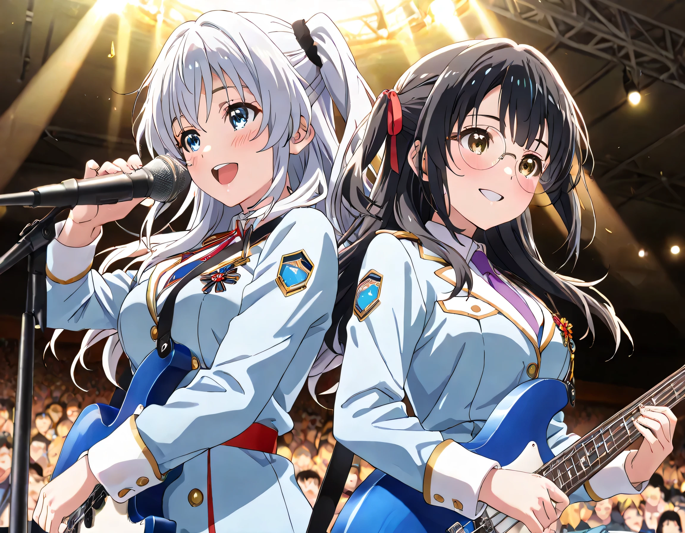 ((ultra-detailed)), (highly detailed CG illustration), (best quality:1.2), ultra-highly detailed, colorful composition, artistic photoshoot, 2girls, duo focus, Yuri:1.3, back-to-back:1.4, upper body:1.2, cowboy shot, moe anime character, super popular super idol:1.3, on idol stage, round face, rounded chin:1.2, short stature, french air force light blue uniform with gold decoration during World War II, white collar inner shirt, pale purple tie:1.4, medal on breast with red ribbon:1.3, sam brown belt with shoulder strap:1.3, BREAK (Girl A is Sena:1.2), thick eyebrows, brown eyes, sagging eyes, black hair:1.3, long hair, half updo, (wearing glasses:1.3), (round eyewear:1.3), half updo, electric_guitar, playing_instrument, singing in the live venue:1.4, BREAK (Girl B is Marika:1.2), blue eyes:1.3, sagging eyes:1.3, silver hair:1.3, long hair, two side up, hair ribbon with black, ample breasts, smile1.3, electric_bass, playing_instrument, BREAK enthusiastic audience, shoot from below, dynamic pose, contrapposto pose, best quality, masterpiece, expecting, pink cheek, blush, light pink gloss slip, portrait, depth of field, shining lighting, sidelighting, shine, lighting, caustics, ray tracing, perfect face, lustrous skin, highly detailed face, highly detailed eyes, perfect face, perfect nose, perfect hair, perfect eyes, perfect anatomy, beautiful hair, beautiful small face, extremely detailed face, beautiful detailed eyes, beautiful clavicle, beautiful body, beautiful breasts, leavage, breasts squeezed together, equalize the size of the left and right breasts, beautiful thin thighs, beautiful legs, beautiful fingers, 4 fingers, 1 thumb, lovely, (very detailed background:1.0), (highly detailed background:1.0), intricate details, enthusiastic atmosphere, colorful and sparkling colors palette, chromatic aberration