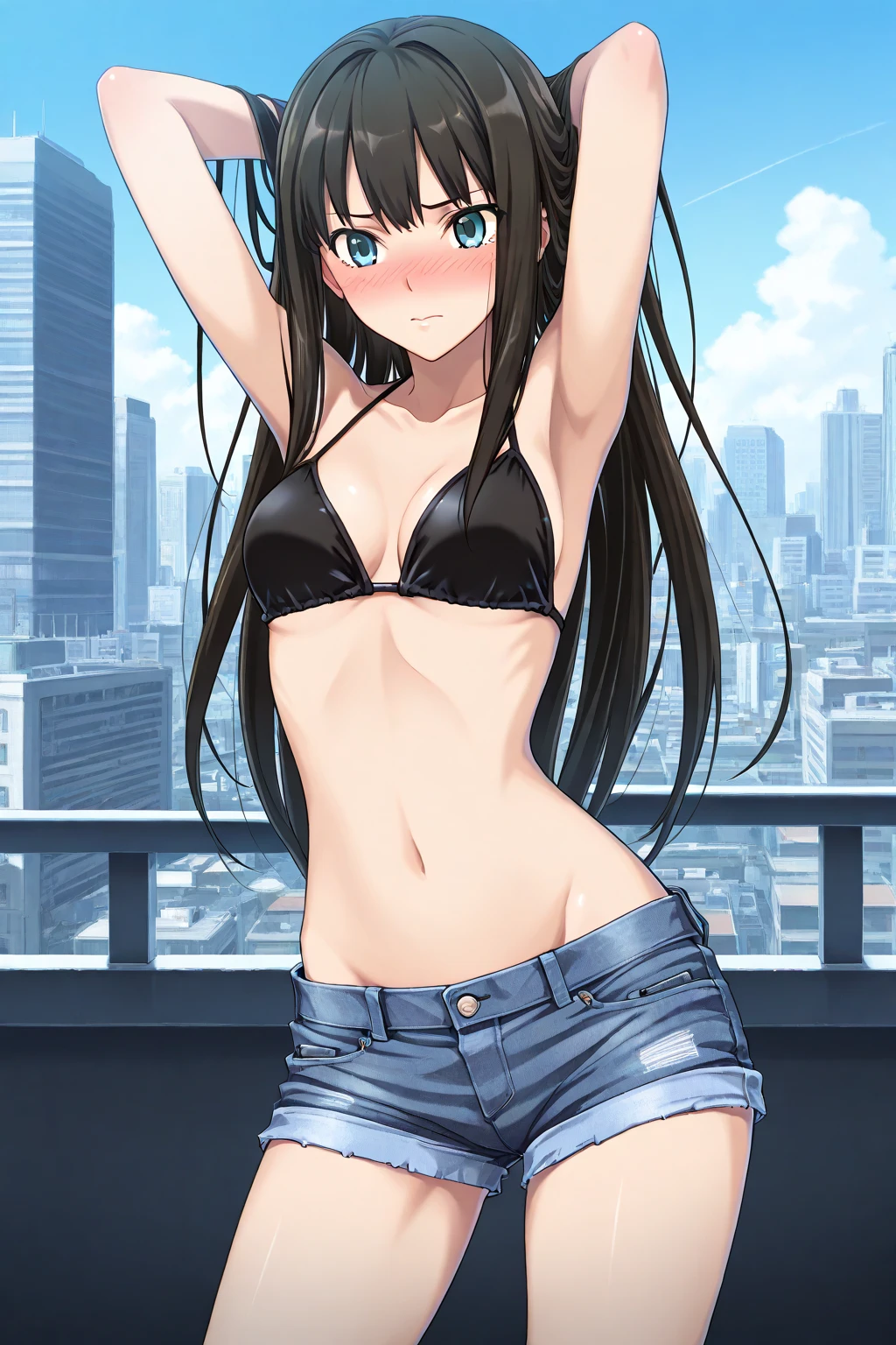 lighting like a movie、top-quality、1girl in、(Wearing a frilly bra and light blue panties)、Braid hair、balconies、Against the background of the cityscape、