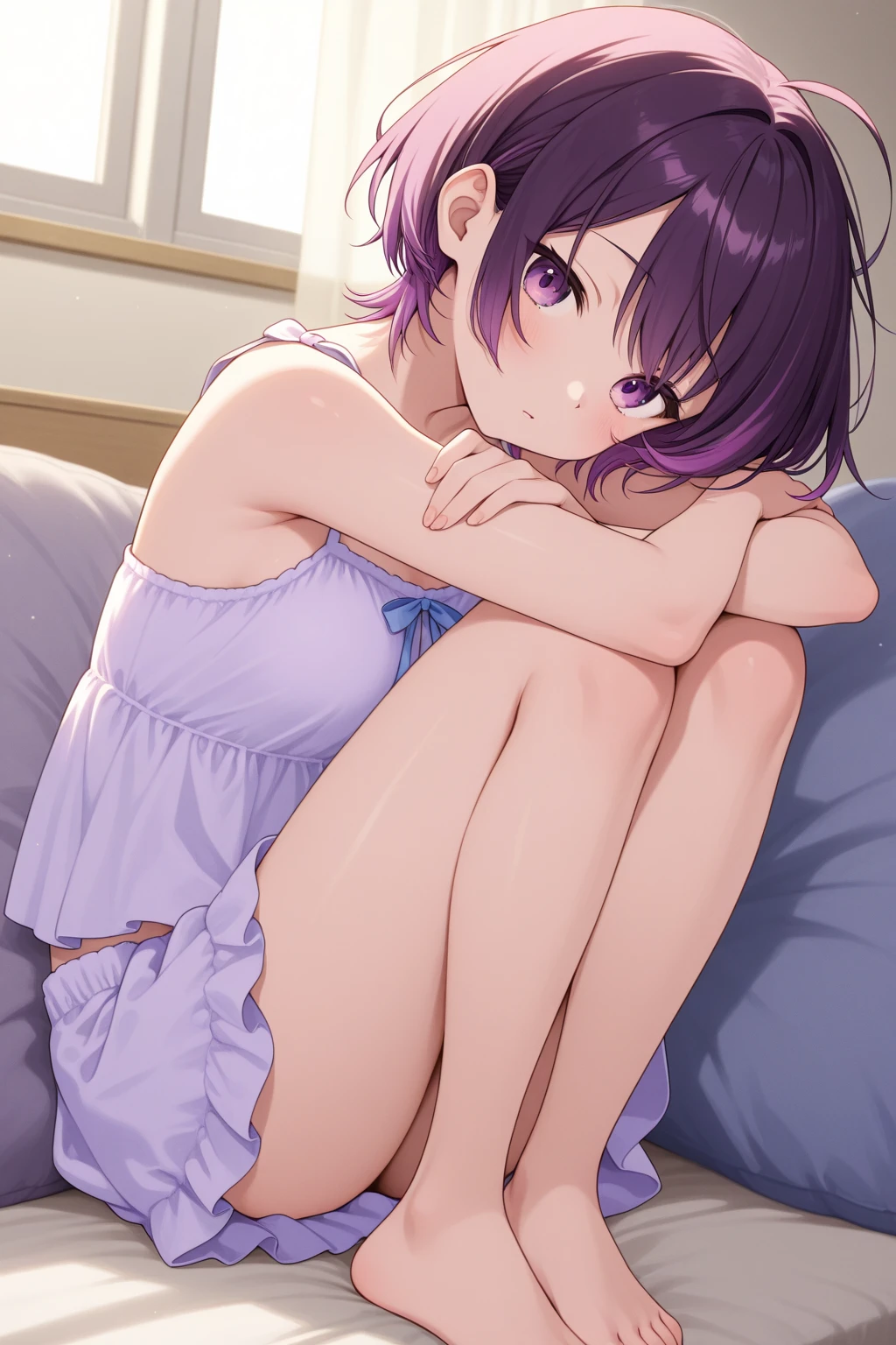 (T Masterpiece,4k wallpaper,Best Quality))、((girl1people))、(solo)、Bright and Brilliant,(Purple Hair)、(Shortcuts:1.3)、smile、Bedroom、sweater、morning