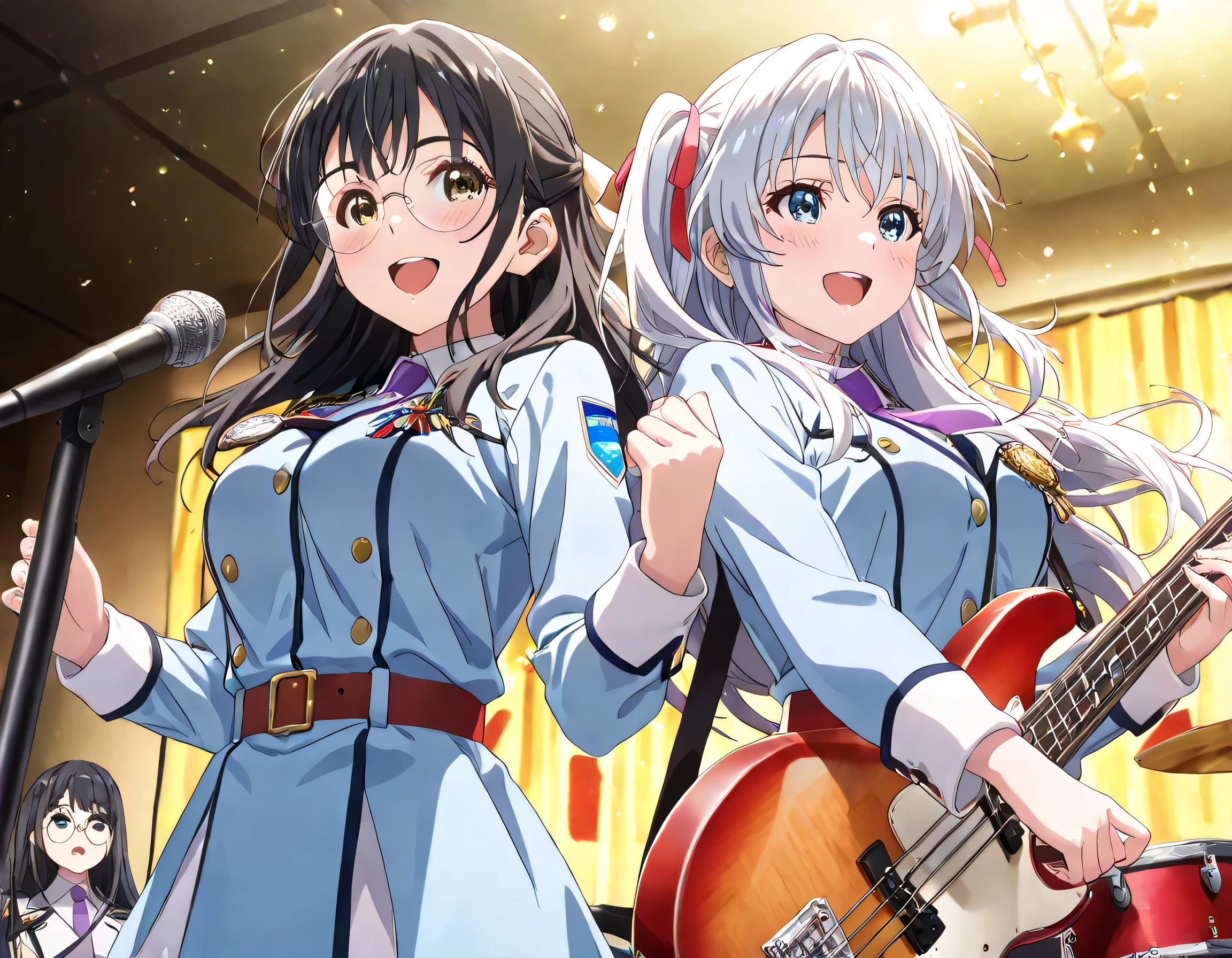 ((ultra-detailed)), (highly detailed CG illustration), (best quality:1.2), ultra-highly detailed, colorful composition, artistic photoshoot, 2girls, duo focus, Yuri:1.3, back-to-back:1.4, upper body:1.2, cowboy shot, moe anime character, super popular super idol:1.3, on idol stage, round face, rounded chin:1.2, short stature, french air force light blue uniform with gold decoration during World War II, white collar inner shirt, pale purple tie:1.4, medal on breast with red ribbon:1.3, sam brown belt with shoulder strap:1.3, BREAK (Girl A is Sena:1.2), thick eyebrows, brown eyes, sagging eyes, black hair:1.3, long hair, half updo, (wearing glasses:1.3), (round eyewear:1.3), half updo, electric_guitar, playing_instrument, singing in the live venue:1.4, BREAK (Girl B is Marika:1.2), blue eyes:1.3, sagging eyes:1.3, silver hair:1.3, long hair, two side up, hair ribbon with black, ample breasts, smile1.3, electric_bass, playing_instrument, BREAK enthusiastic audience, shoot from below, dynamic pose, contrapposto pose, best quality, masterpiece, expecting, pink cheek, blush, light pink gloss slip, portrait, depth of field, shining lighting, sidelighting, shine, lighting, caustics, ray tracing, perfect face, lustrous skin, highly detailed face, highly detailed eyes, perfect face, perfect nose, perfect hair, perfect eyes, perfect anatomy, beautiful hair, beautiful small face, extremely detailed face, beautiful detailed eyes, beautiful clavicle, beautiful body, beautiful breasts, leavage, breasts squeezed together, equalize the size of the left and right breasts, beautiful thin thighs, beautiful legs, beautiful fingers, 4 fingers, 1 thumb, lovely, (very detailed background:1.0), (highly detailed background:1.0), intricate details, enthusiastic atmosphere, colorful and sparkling colors palette, chromatic aberration