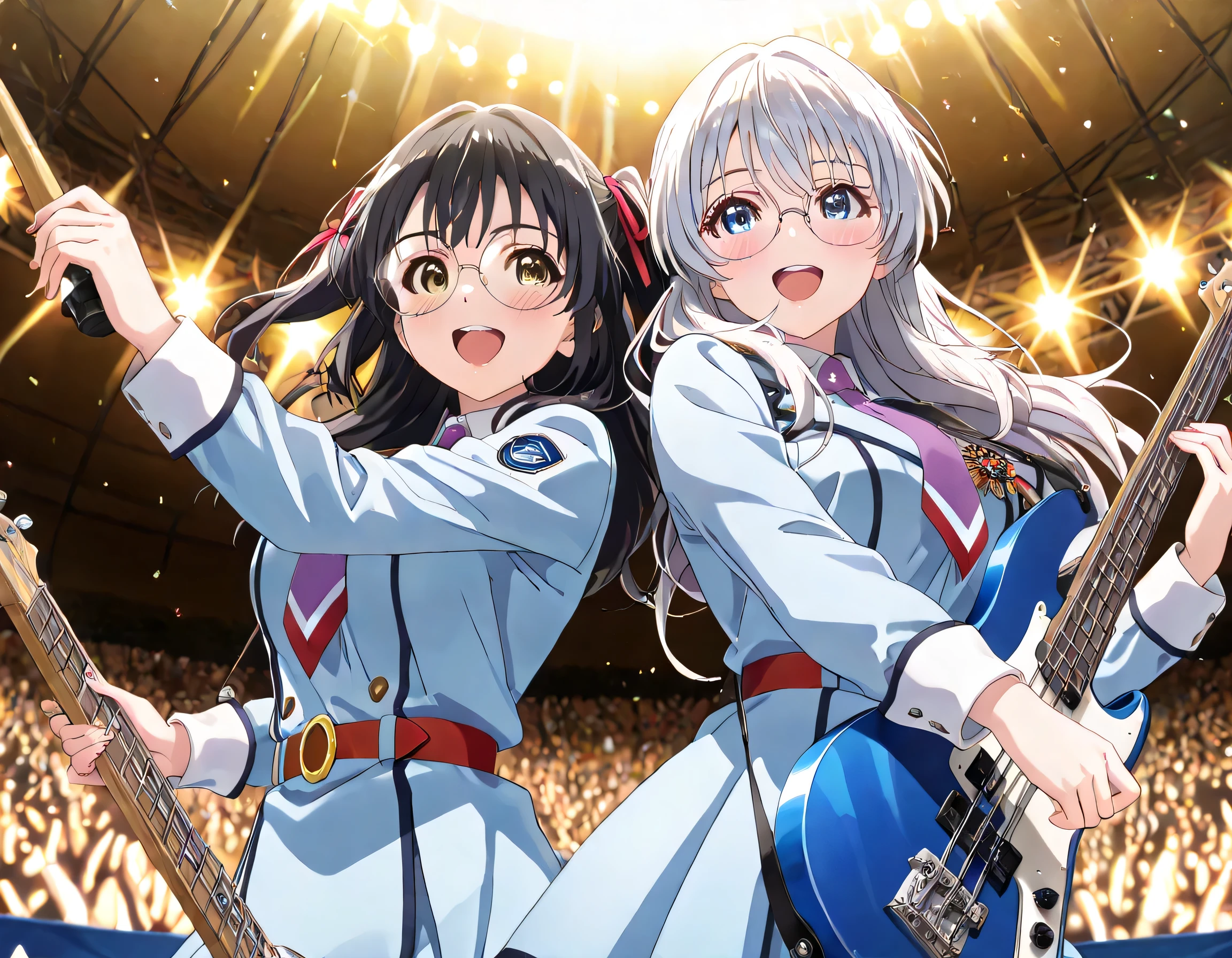 ((ultra-detailed)), (highly detailed CG illustration), (best quality:1.2), ultra-highly detailed, colorful composition, artistic photoshoot, 2girls, duo focus, Yuri:1.3, back-to-back:1.4, upper body:1.2, cowboy shot, moe anime character, super popular super idol:1.3, on idol stage, round face, rounded chin:1.2, short stature, french air force light blue uniform with gold decoration during World War II, white collar inner shirt, pale purple tie:1.4, medal on breast with red ribbon:1.3, sam brown belt with shoulder strap:1.3, BREAK (Girl A is Sena:1.2), thick eyebrows, brown eyes, sagging eyes, black hair:1.3, long hair, half updo, (wearing glasses:1.3), (round eyewear:1.3), half updo, electric_guitar, playing_instrument, singing in the live venue:1.4, BREAK (Girl B is Marika:1.2), blue eyes:1.3, sagging eyes:1.3, silver hair:1.3, long hair, two side up, hair ribbon with black, ample breasts, smile1.3, electric_bass, playing_instrument, BREAK enthusiastic audience, shoot from below, dynamic pose, contrapposto pose, best quality, masterpiece, expecting, pink cheek, blush, light pink gloss slip, portrait, depth of field, shining lighting, sidelighting, shine, lighting, caustics, ray tracing, perfect face, lustrous skin, highly detailed face, highly detailed eyes, perfect face, perfect nose, perfect hair, perfect eyes, perfect anatomy, beautiful hair, beautiful small face, extremely detailed face, beautiful detailed eyes, beautiful clavicle, beautiful body, beautiful breasts, leavage, breasts squeezed together, equalize the size of the left and right breasts, beautiful thin thighs, beautiful legs, beautiful fingers, 4 fingers, 1 thumb, lovely, (very detailed background:1.0), (highly detailed background:1.0), intricate details, enthusiastic atmosphere, colorful and sparkling colors palette, chromatic aberration