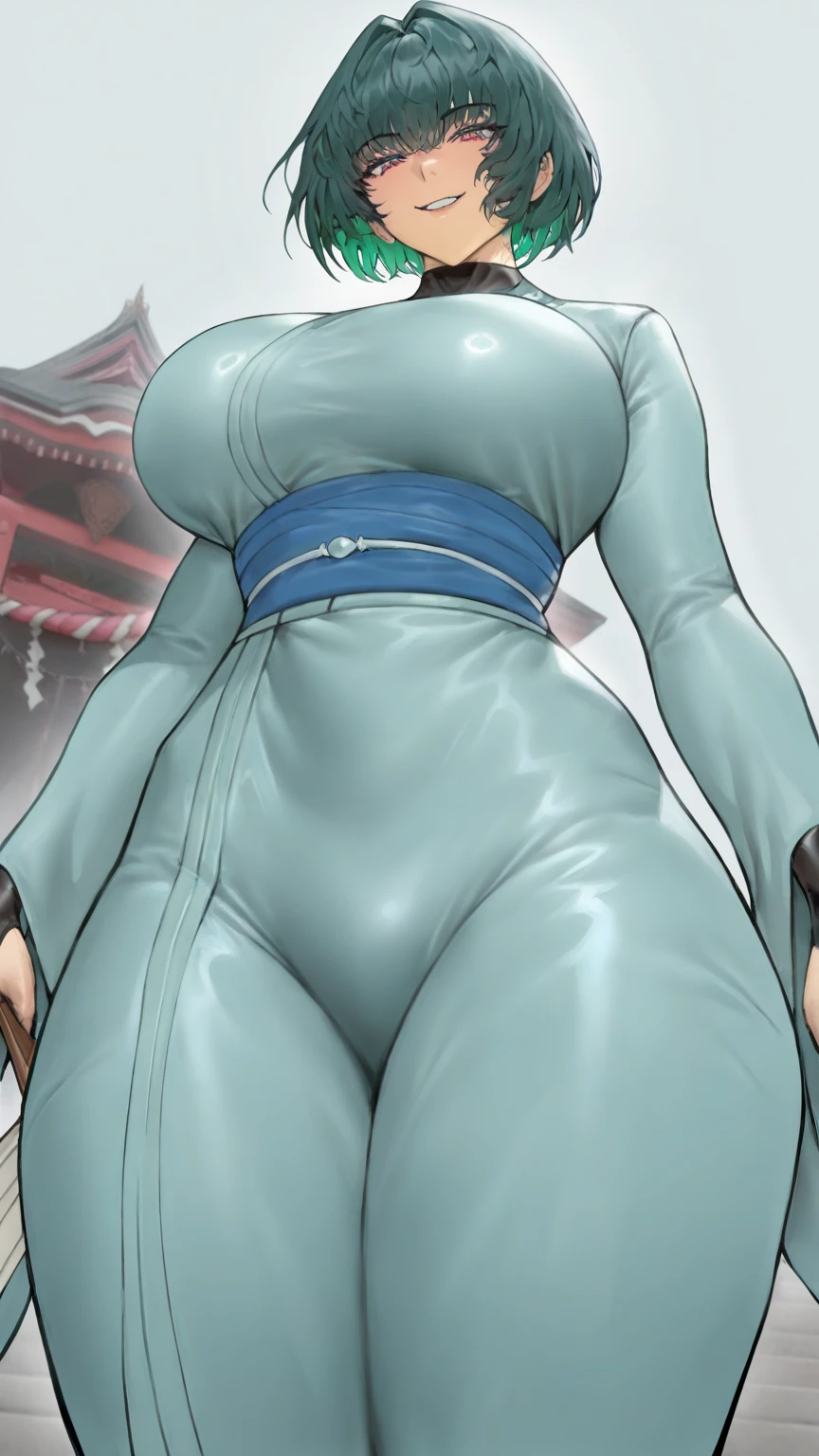 snkegirls, 1girl, solo, blue skin, (brown hair), cowboy shot, smile, red eyes, big breasts,looking at viewer, (pink kimono), (open kimono), japanese forest, shrine, bangs,ponytail,contrapposto,wide sleeves,long sleeves,cleavage,covered legs,( best quality, masterpiece), naked breasts, spread legs, naked pussy, pink vagina, spread pussy, wet pussy