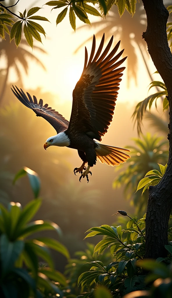 (extremamente detalhado CG unidade 8k papel de parede, master part, best quality), stunning sunset, majestic eagle flying over the horizon.