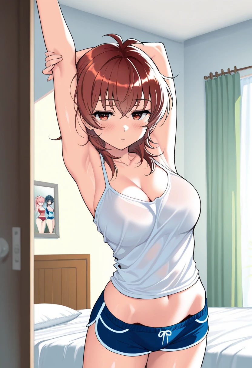 (((locker room:1.3))),(((Changing clothes in the changing room:1.3))),(((School uniform hanging on a locker:1.3))),(((Bikini Swimwear:1.7)),(((白いBikini Swimwear))),(Dark red ribbon:1.3),Cute face,Extreme close up of face,Shiny light brown and orange striped short hair,Messy ponytail,Cute Smile,Perfect round face,iris,(hairpin、ponytail、Floating Hair、),Large Breasts.Professional Lighting,Cinematic Light,(Tabletop,highest quality,Ultra-high resolution output images,) ,(8K quality,),(Picture Mode Ultra HD,)