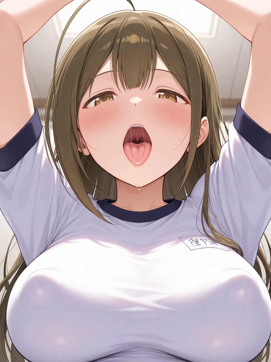 (head shot:1.2), (from above:1.2), frame in, from right in front of face and body, view straight on, upper body, High quality, very high res, High quality, very high res, cute girl, brown hair, forehead, blunt bangs, bob cut, blush, Brushed up bangs, wearing a plain t-shirt, shirt lift, medium breasts, pale pink nipples, I can see your belly button, (kneeling down pose), fellatio, pleated skirt, at office