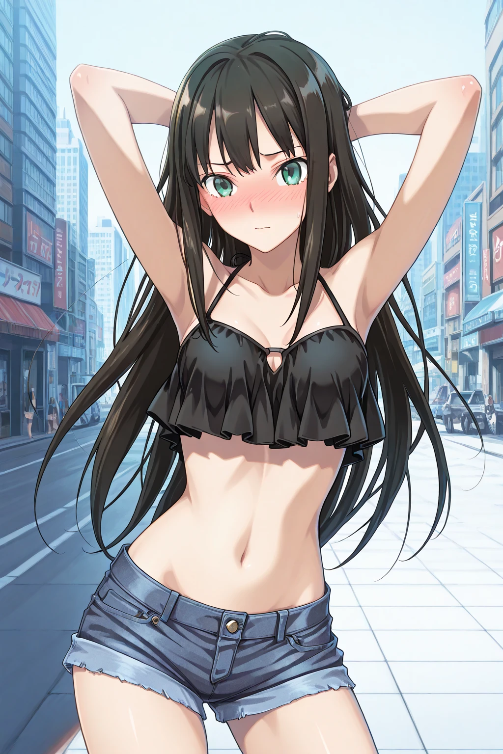 hug, (High resolution:1.4), (masutepiece:1.2), (High quality:1.3) 1girl, saten ruiko, green eyes, long hair, black hair, small breast, tank top, hot pants, cinematic lighting, pov, dynamic angle, nsfw, open mouth, smile