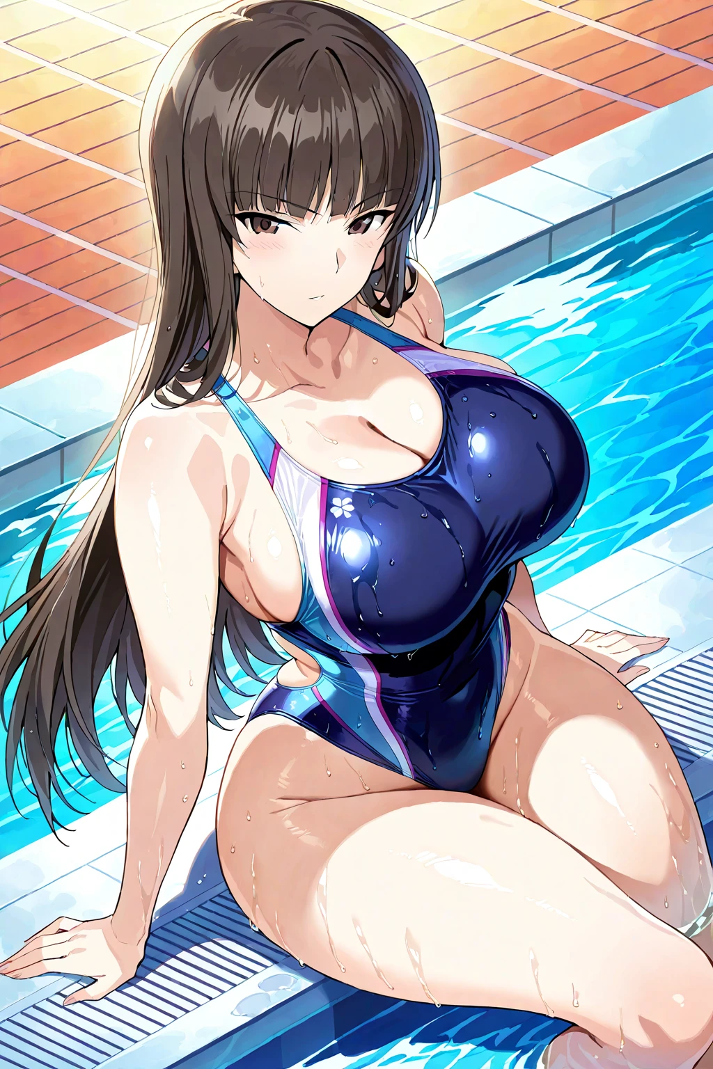 (Magazine cover),wavy hair,Japanese mature swimming coach, Bright big eyes(Wear a high-forked swimsuit),(Tanned skin),Blushing,Sweat all over the body,Perfect breasts,Perfect body,Wet,Swimming pool,uhd, masterpiece, high details, high quality, best quality, highres