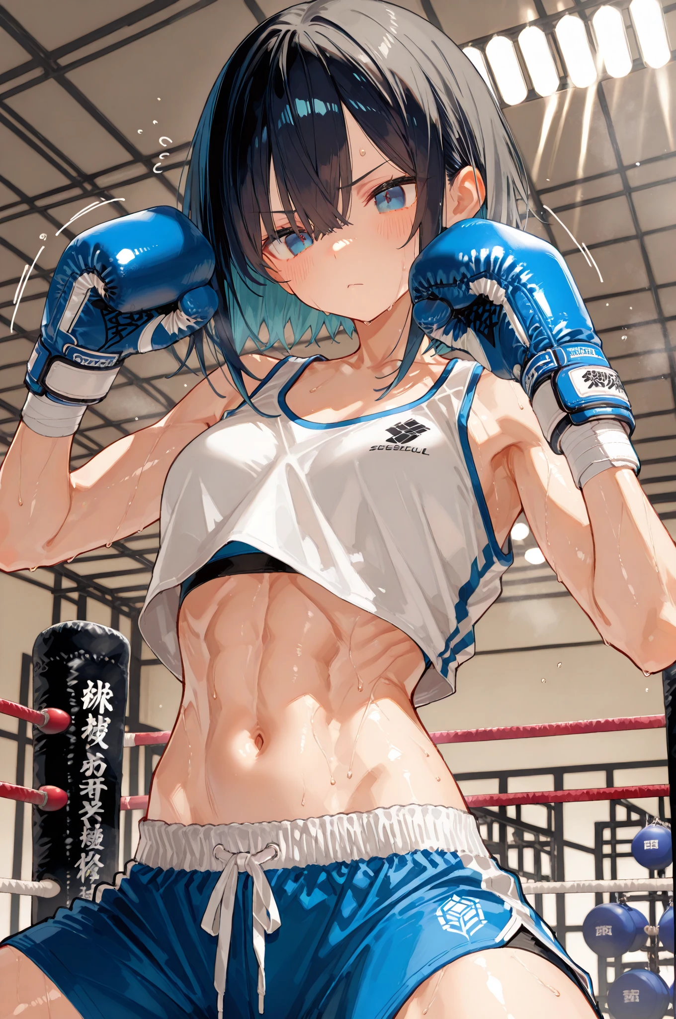 masterpiece, best quality, ultra-detailed, illustration, an extremely delicate and beautiful,high resolution, ultra-detailed,,perfect face,slender perfect body, Tight belly,Toned buttocks,Constricted waist,,1girl,(blue school uniform17),(in skyscraper:1.3),10yo,child,(boxing gloves,fighting pose:1.5),(mesh hair:1.2),(very short hair),(anger),(shirt comes off:1.7),(very long hair), shy daughter, short stature,(small breasts),( sweaty skin:1.2),(front view:1.5),(white bike shorts),(show off bike shorts:1.2),(spread legs:1.2),(cameltoe:1.3)