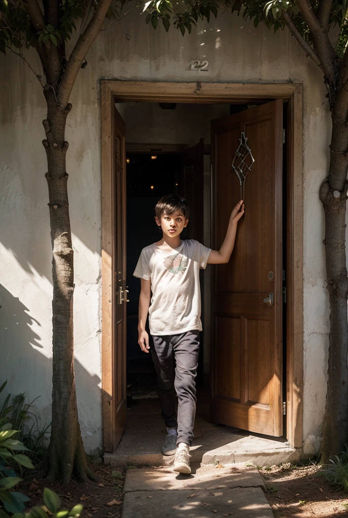 Create an image of a cheeky boy in a backroom(liminal space) cheered up