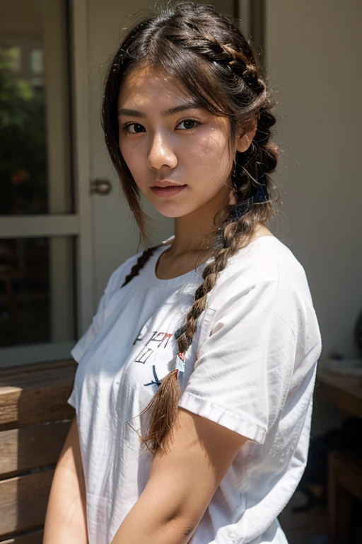 a woman in a sexy white shirt and black skirt standing in front of a brick wall, long pigtail, hair in pigtails, pigtails hairstyle, two pigtails hairstyle, with black pigtails, pigtails, pigtail, short pigtails hair, asian girl with long hair, black hair in braids, pigtails hair, asian female, long braided hair on top of head, long braided black hair, long black braided hair, lariennechan, dilraba dilmurat, long braided hair, mai anh tran, chinese girl, huge breast, hyperrealism, realistic lighting, ultra skin texsture, stable diffusion, perfect anatomy, crazy details, hyperrealism body, hyperrealism face, hyperrealism breast, hyperrealism hair, hyperrealism shadows, hyperrealism texsture, hyperrealism skin texsture, hyperrealism detailed face, hyperrealism detailed body, hyperrealism detailed breast, hyperrealism detailed hair, hyperrealism detailed anatomy, hyperrealism detailed lighting, hyperrealism detailed shadows, hyperrealism detailed texsture, hyperrealism detailed background
