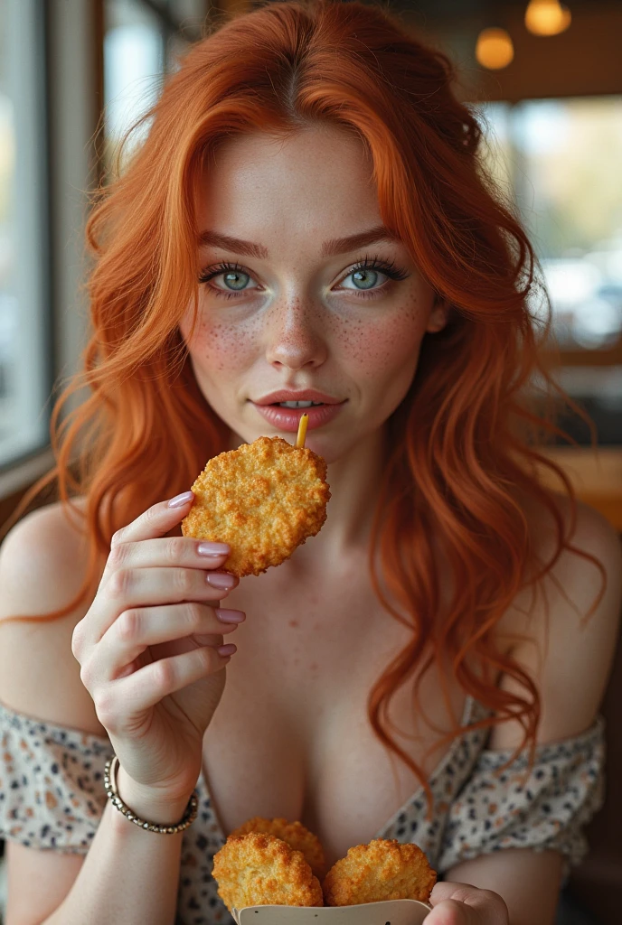 beautiful girl, bright red hair, fair skin, smiling, celebrating friesday with a table full of fries, fullshot