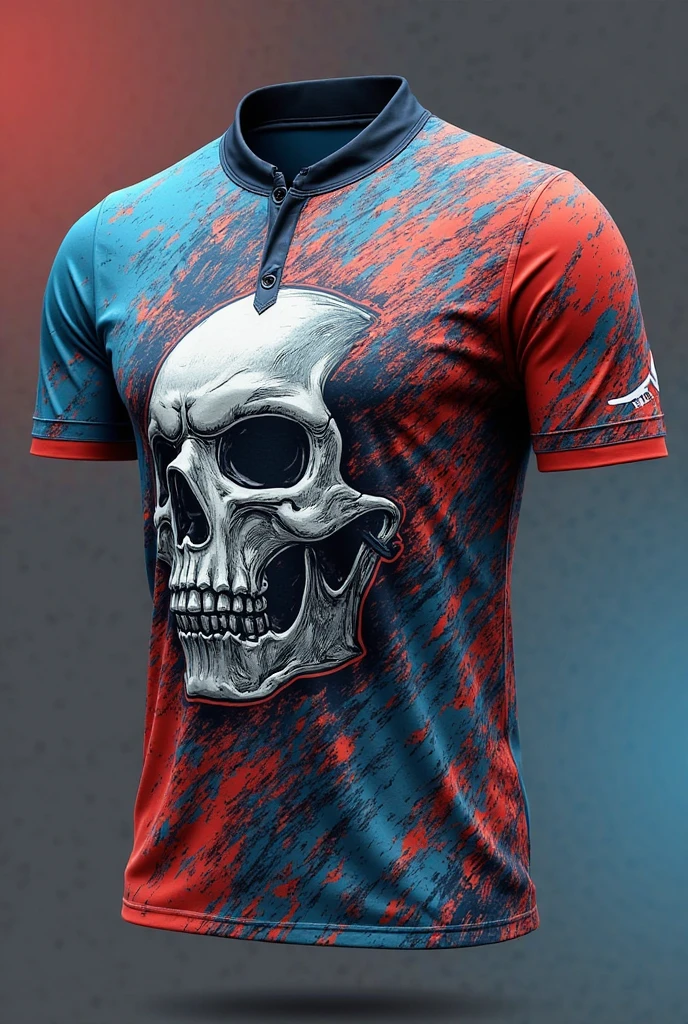 Generate a sports jersey, that has details of skulls, In the flannel the light gray color predominates accompanied by the following orange colors, fuchsia, red wine, dark blue