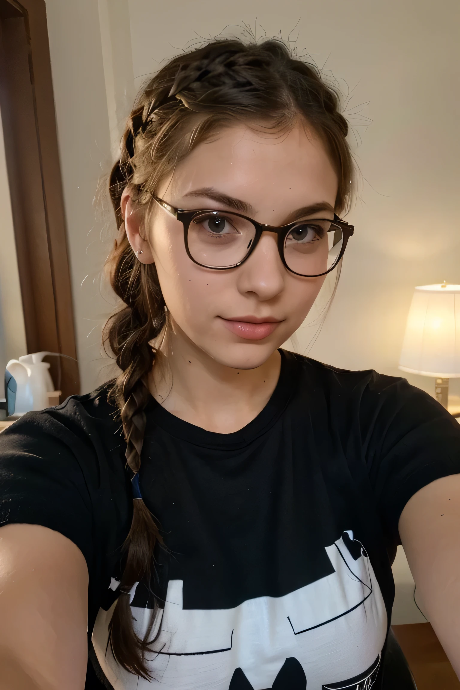 Selfie photo of a beautiful girl with glasses, rosto perfeito, olhos azuis, mostrando os seios grandes 