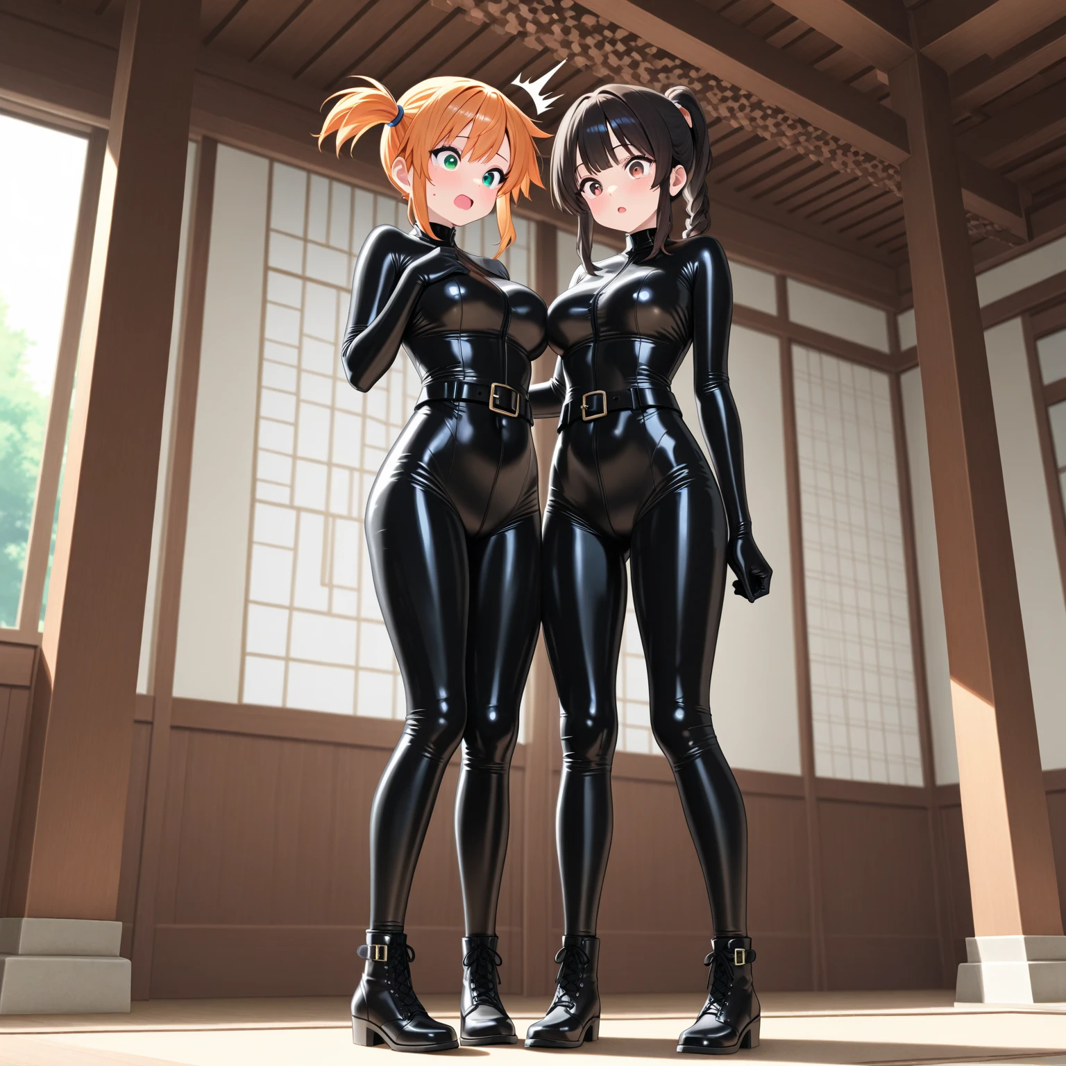 (masterpiece, best quality),
<lora:Concept_Latex:1.2>,
(2girls,latexconcept,Fashionable womans,(multiple girls:1.6),girls sandwich,(side by side),face to face,(lesbian:1.6)),(lesbian party,Close friends),((yuri sex,erotic),pleasure),
(Orange latex bodysuit:1.8),skin tight,shiny clothes, shiny,covered navel,
(skinny body:1.3),
(contrapposto dynamic pose),(separated legs:1.66),(sitting,(one knee up:1.6),M-legs),squatting,(perfect anatomy:1.3),
simple background,looking at viewer,from below,