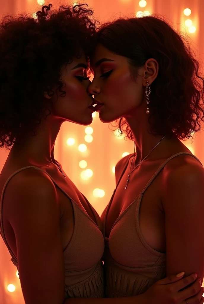 A brunette indian girl with curly hair and big breasts sits with her legs stretched out, taking a realistic photo kissing another sexy girl both in both wearing bikini on rooftop