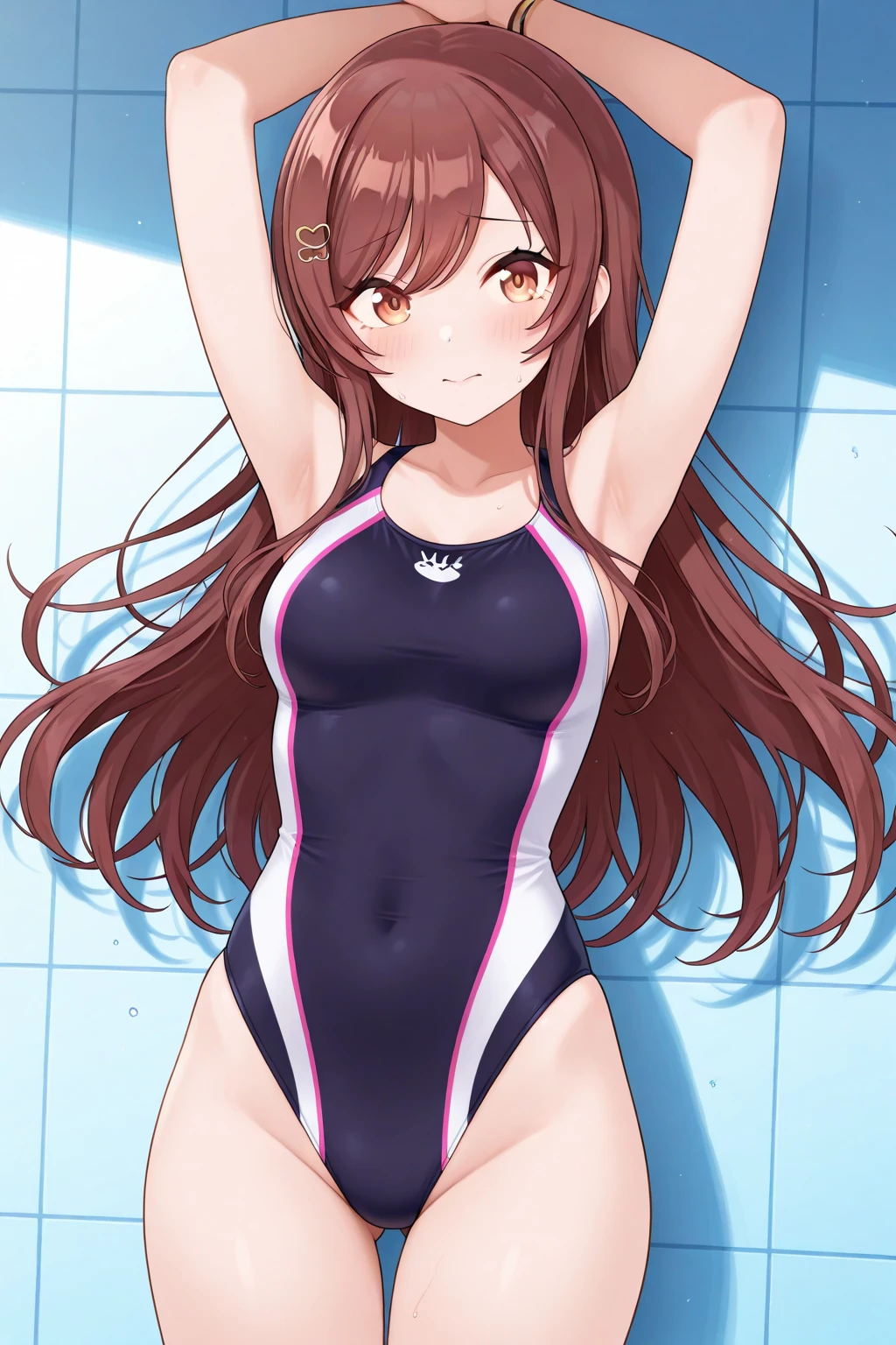 One piece type competitive swimsuit Brown hair ponytail Great style blush smile Standing facing forward Up to the knee She's wearing nothing but her swimsuit