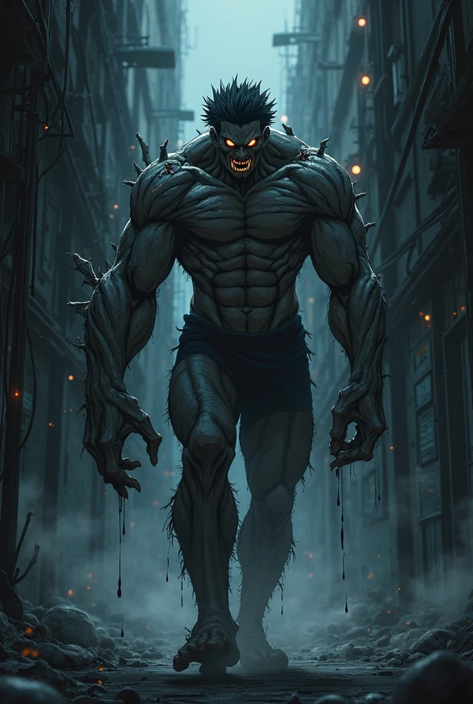 "A fierce and hungry werewolf with sharp teeth and glowing eyes thirsting for blood stands at the end of a dark alley. In the sky, a full, bright moon illuminates the scene with its pale light