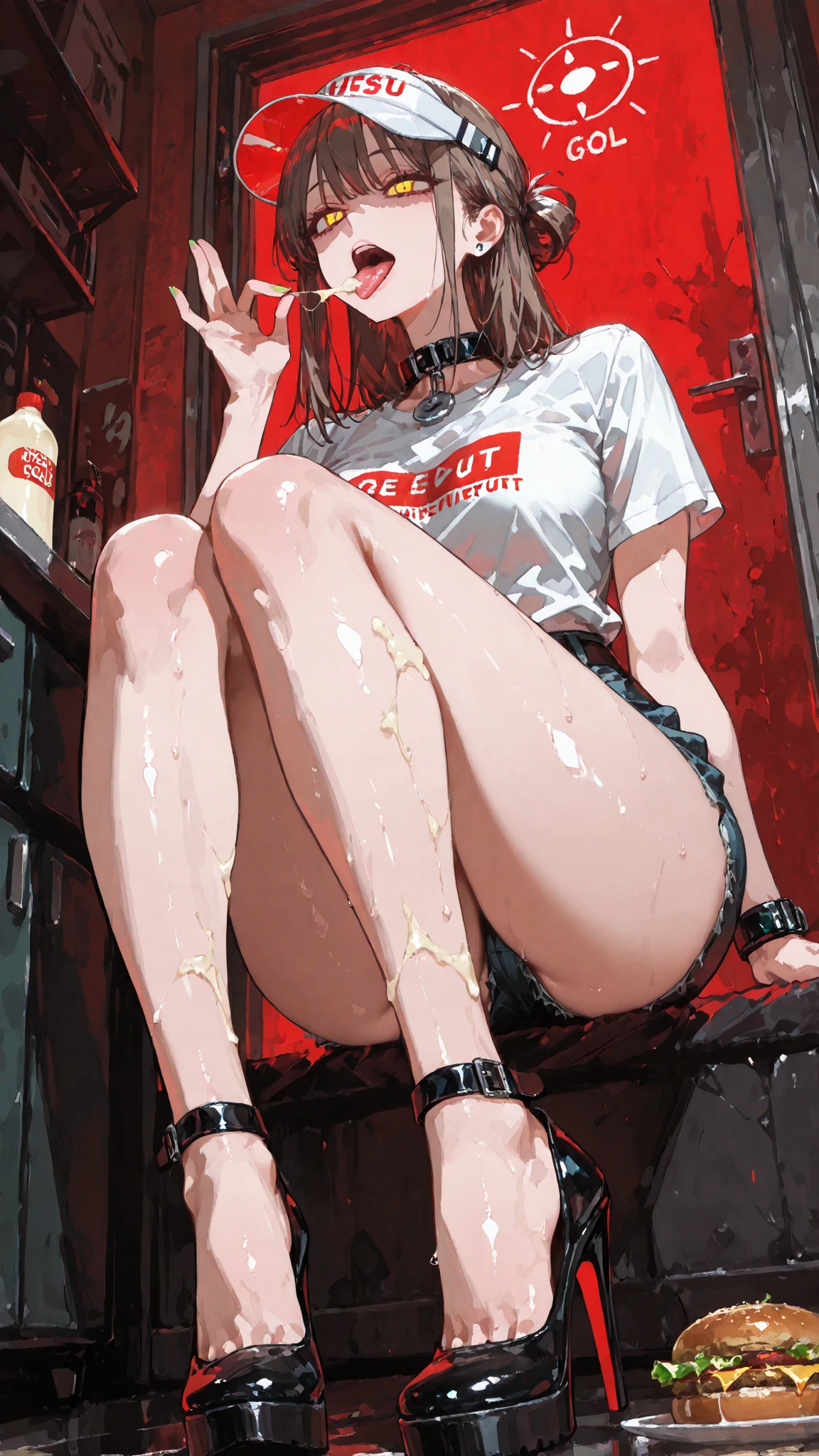 best quality, (detailed background:1.3), elaborately designed clothes, deep shadows, 1girl, crying, tears, torogao, half-closed eyes, closed mouth, thighhighs, (realistic:0.8), BDSM, nsfw, gorgeous background, perfect anatomy, solo, 1girl, nude, harness restraints, vibrator harness, arms up, hands behind head, spread legs, lying, medium breasts, nose blush, despairing, tearful eyes, open mouth, tearful, jail, sex dungeon, dynamic pose, dynamic angle, from above, cum on body, cum, excessive cum, dirty, pee stain, collar, (messy room, too many dildos, condoms, vibrators, sex toys, tissue, syringe, many garbage bags, trash, Empty cans, empty bottles, Garbage bag:1.2),